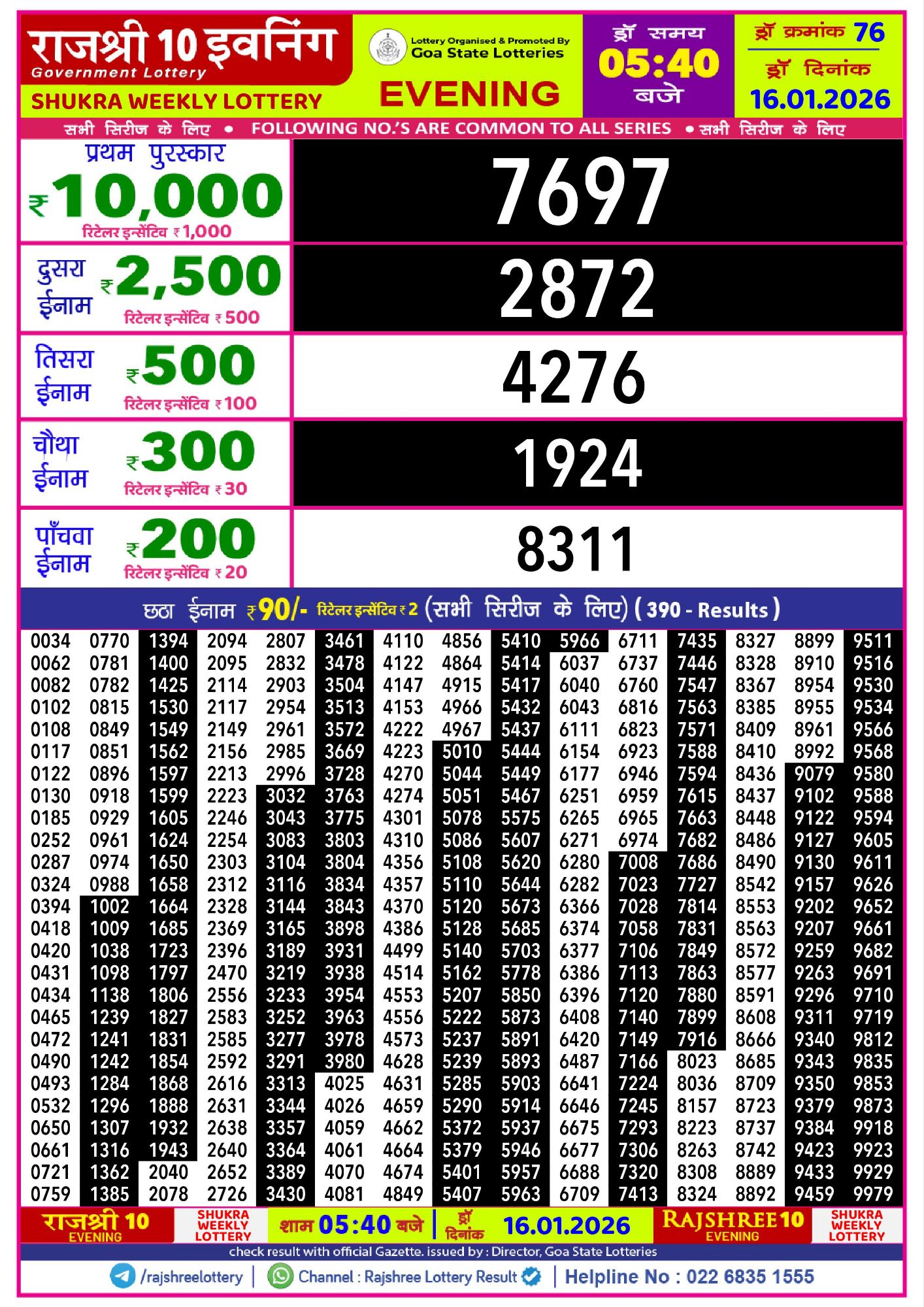 Rajshree 10 Evening Shukra Weekly Lottery Result 16 01 20263556858401419573668