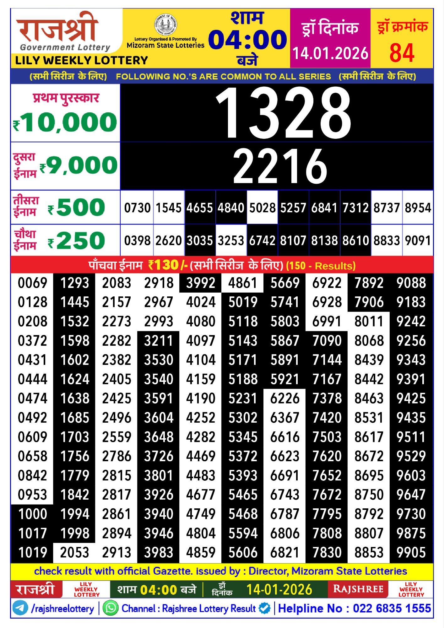 Rajshree Lily Weekly Lottery Result 14 01 20261280948534648255687