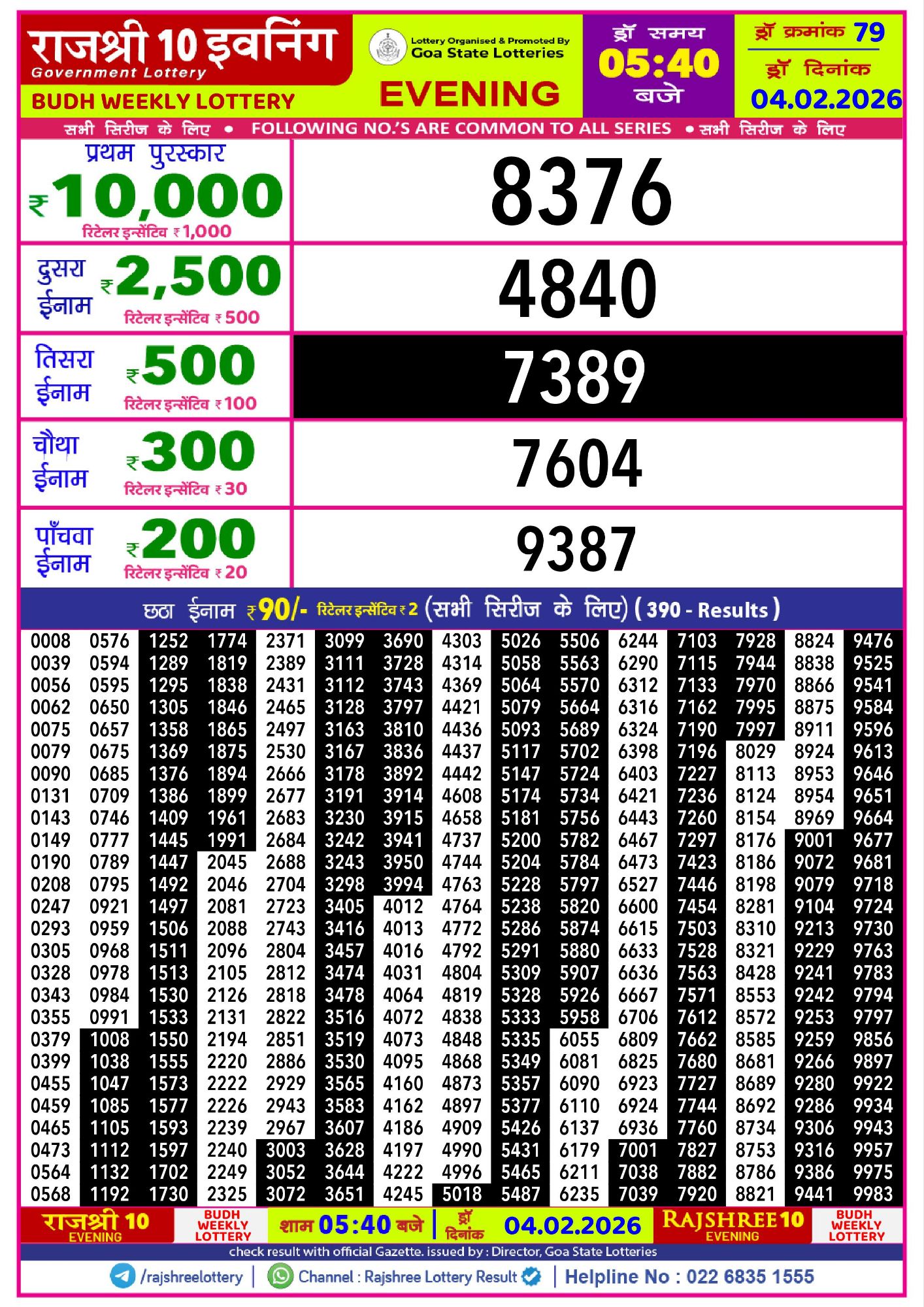 Rajshree Lottery Sambad 04-02-2026 Rajshree 10 Evening Budh Weekly Lottery Result 04 02 20267782570429493101788