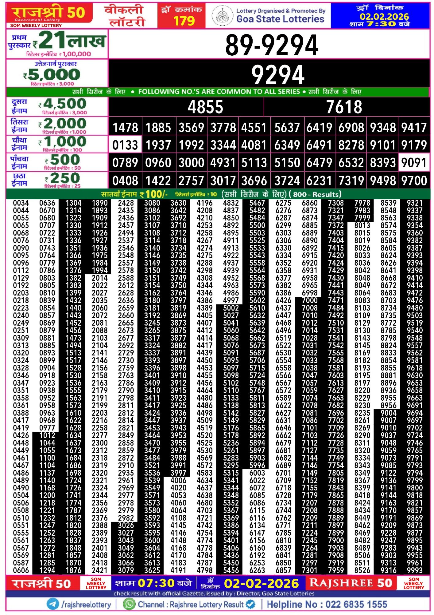 Rajshree Lottery Sambad 02-02-2026 Rajshree 50 Som Weekly Lottery Result 02 02 20264197089552843494357