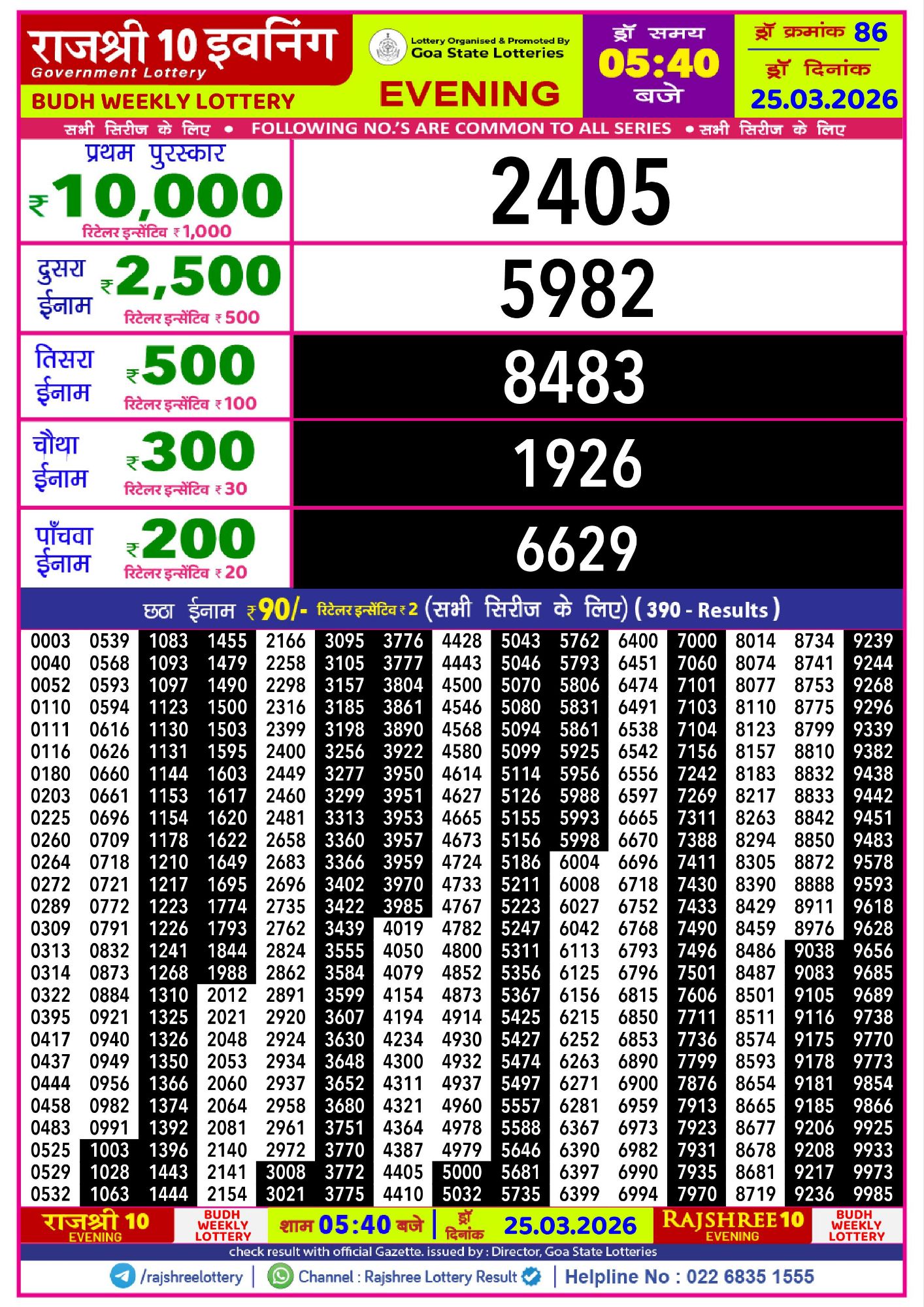 Rajshree 10 Evening Budh Weekly Lottery Result 25 03 20266198211048414087105