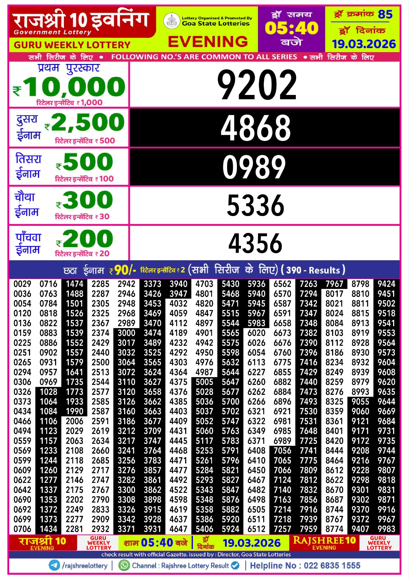 Rajshree Lottery Sambad 19-03-2026 Rajshree 10 Evening Guru Weekly Lottery Result 19 03 20267112884579396120644