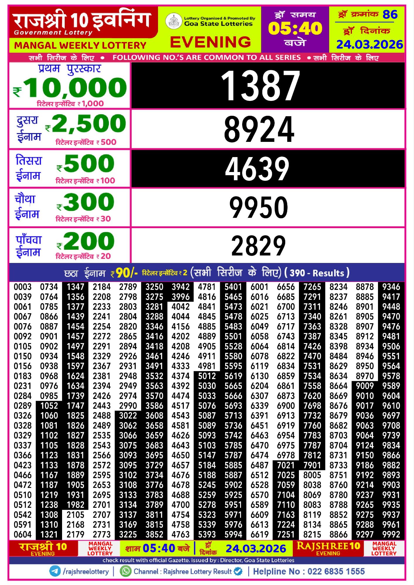 Rajshree Lottery Sambad 24-03-2026 Rajshree 10 Evening Mangal Weekly Lottery Result 24 03 20262750204189455103757