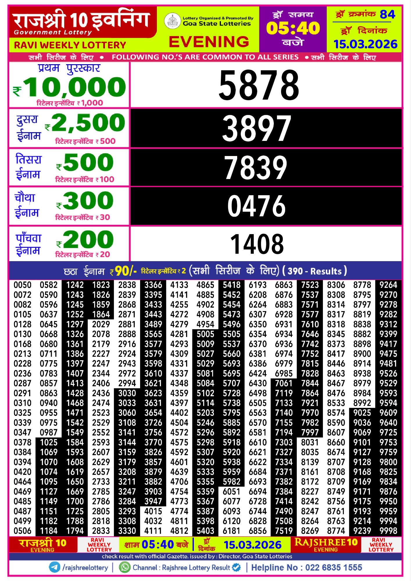 Rajshree Lottery Sambad 15-03-2026 Rajshree 10 Evening Ravi Weekly Lottery Result 15 03 20265370502184288739601