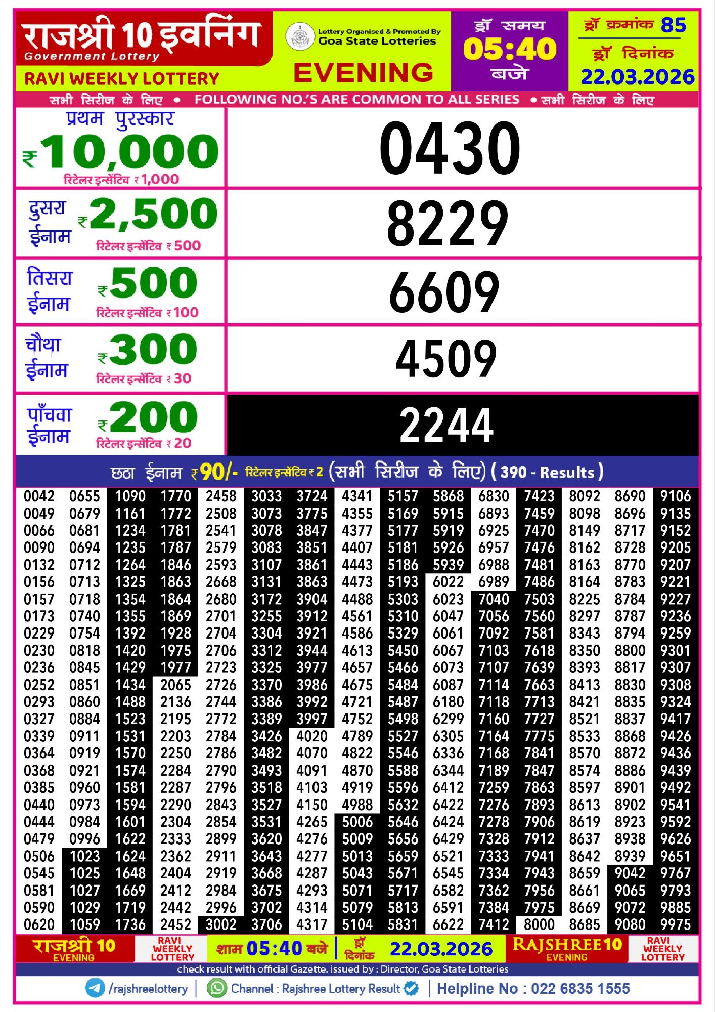 Rajshree 10 Evening Ravi Weekly Lottery Result 22 03 20266234711428576592653