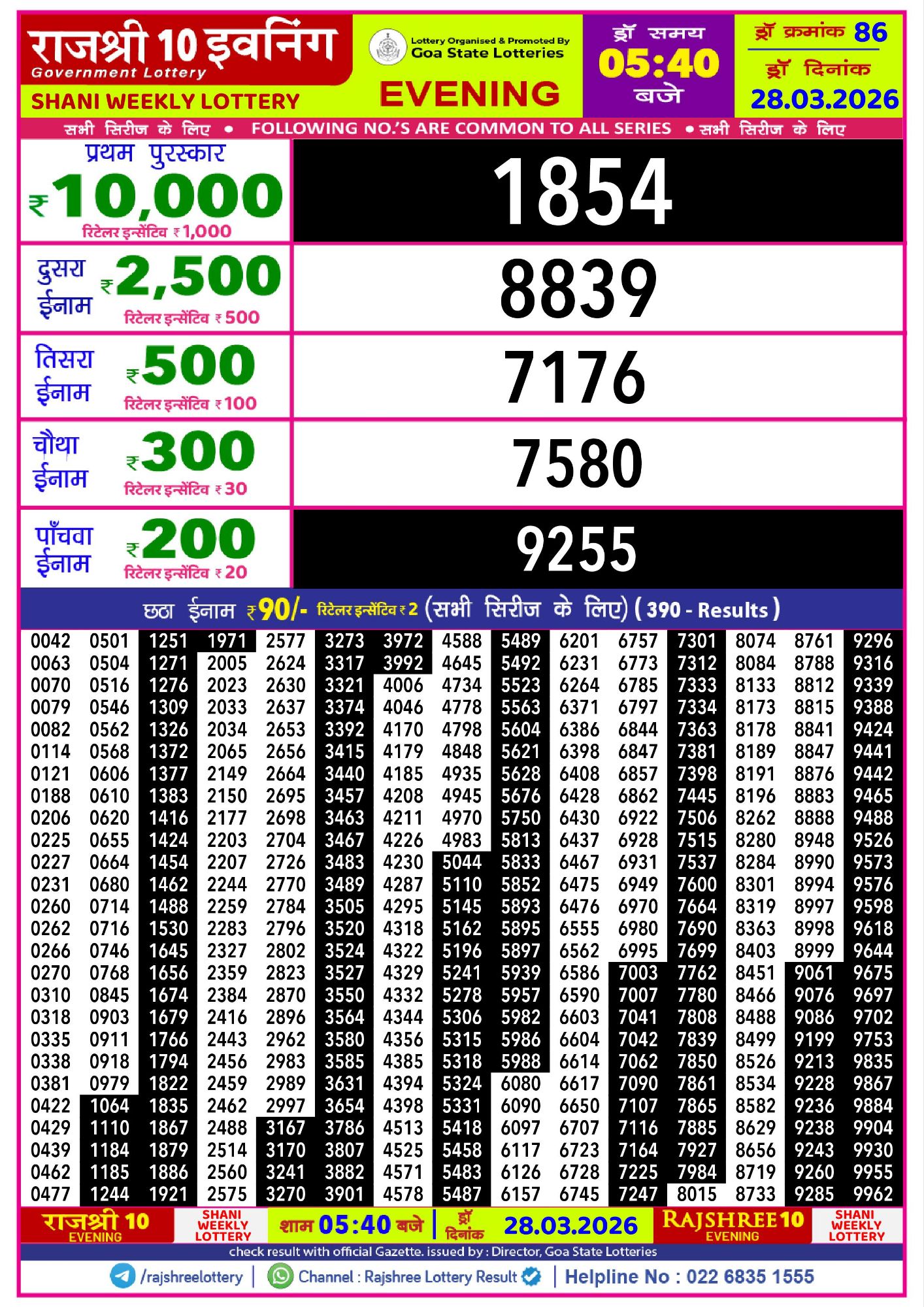 Rajshree 10 Evening Shani Weekly Lottery Result 28 03 20268603104668475386315