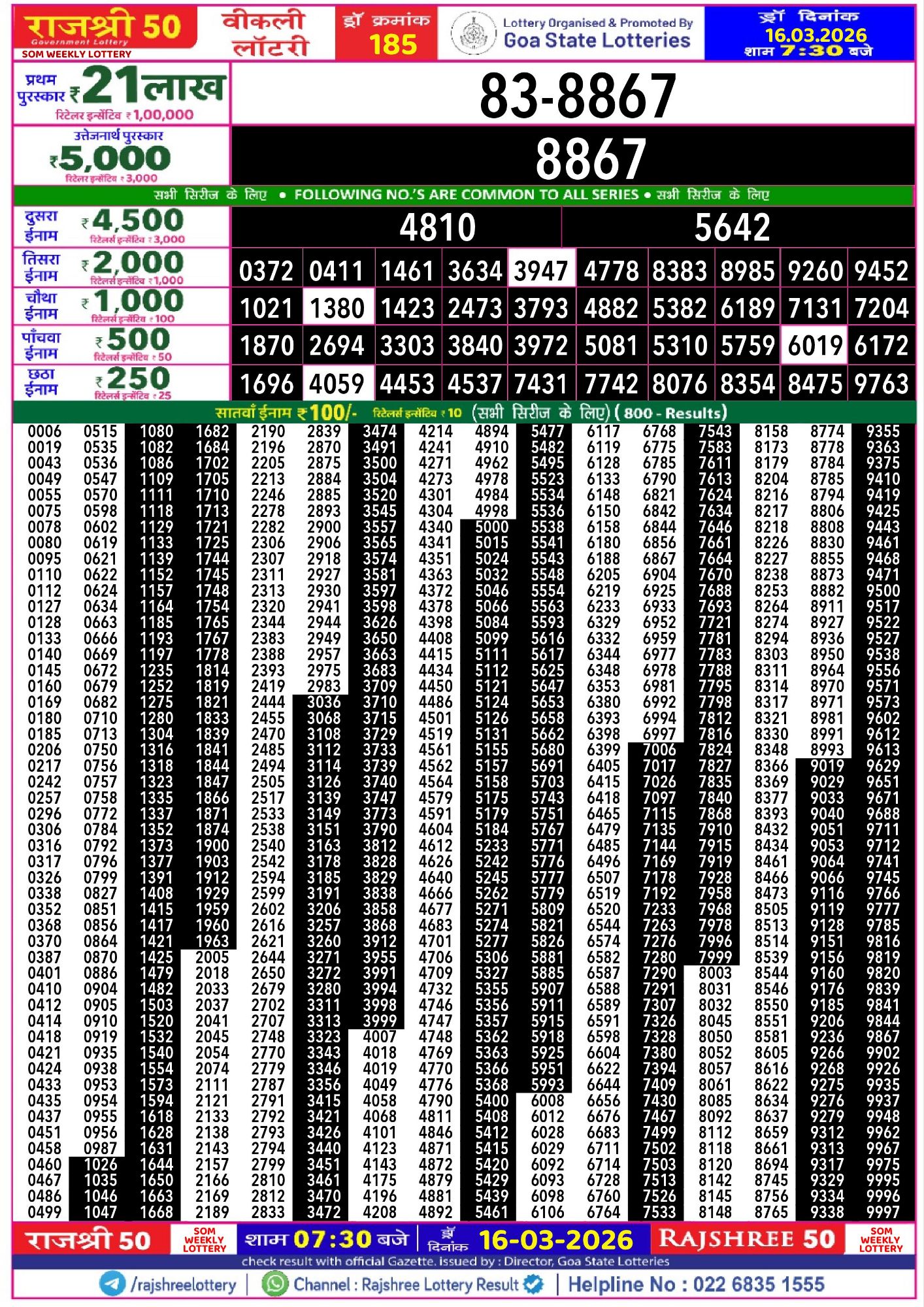 Rajshree 50 Som Weekly Lottery Result 16 03 2026808017383494341823