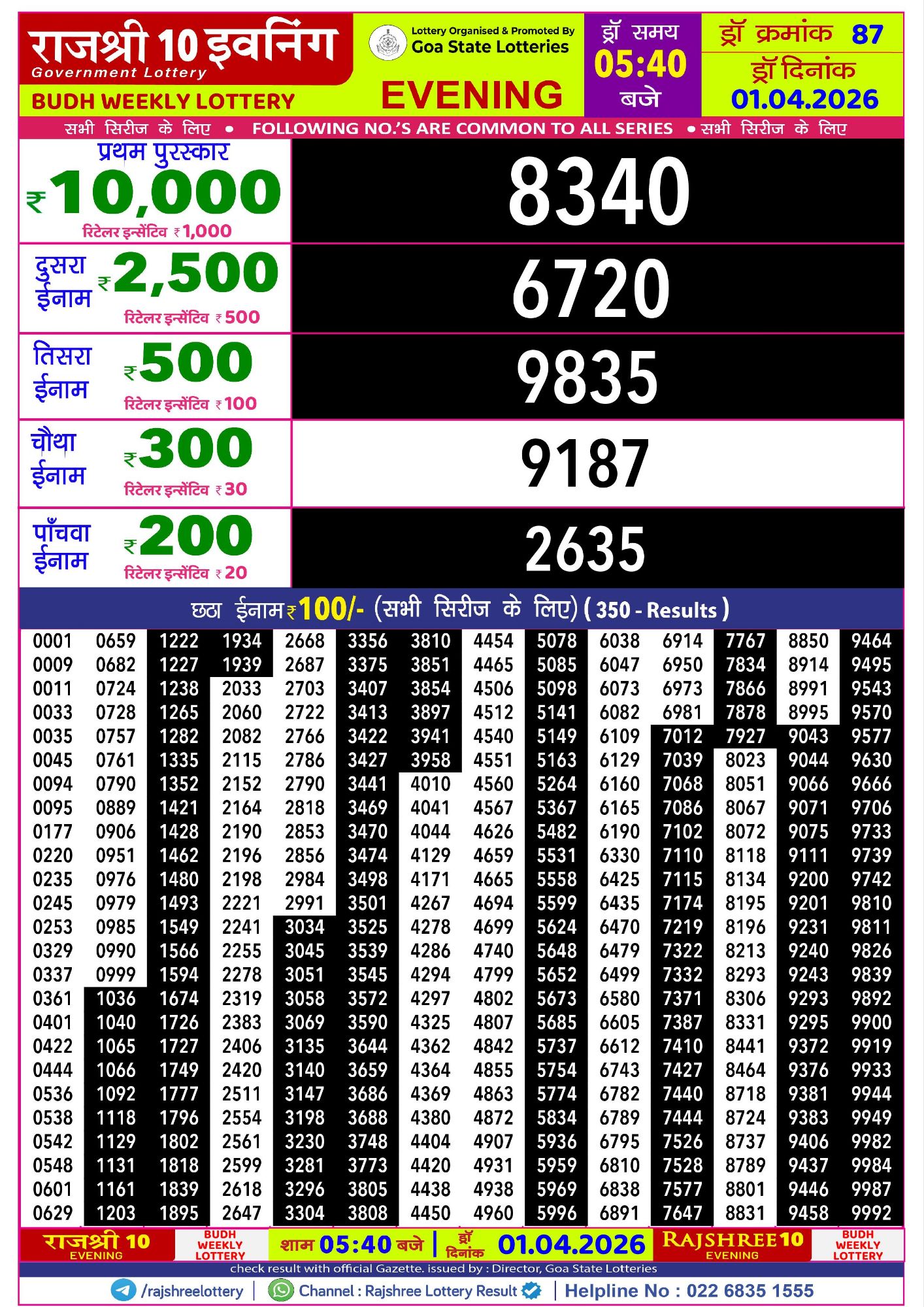Rajshree 10 Evening Budh Weekly Lottery Result 01 04 2026129659492010826923