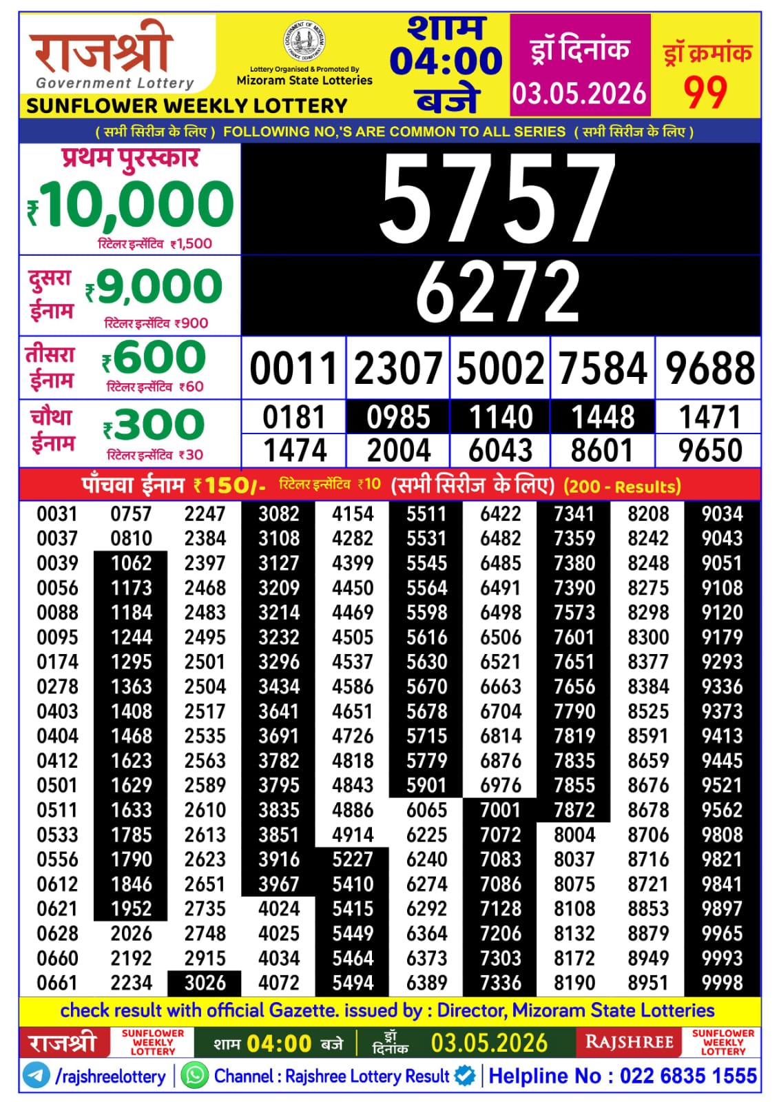 Rajshree Lottery Sambad 03-05-2026 Rajshree 4 PM