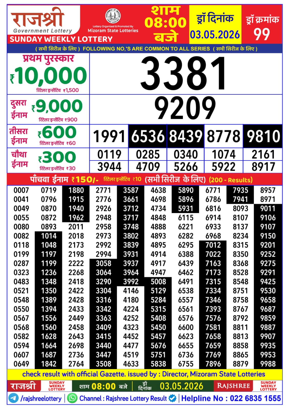 Rajshree Lottery Sambad 03-05-2026 Rajshree 8 PM