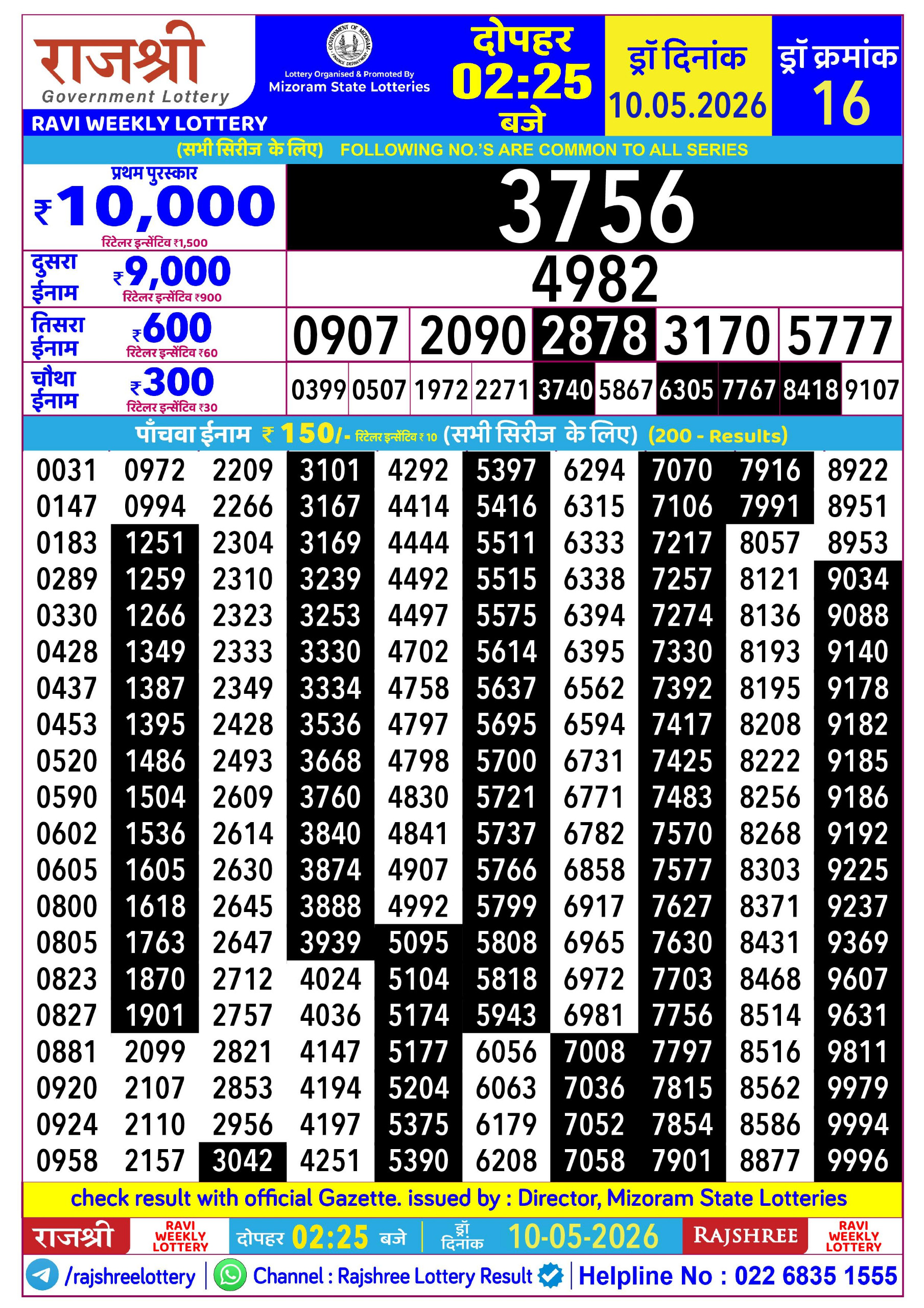 Rajshree Lottery Sambad 10-05-2026 Rajshree 2:25 PM