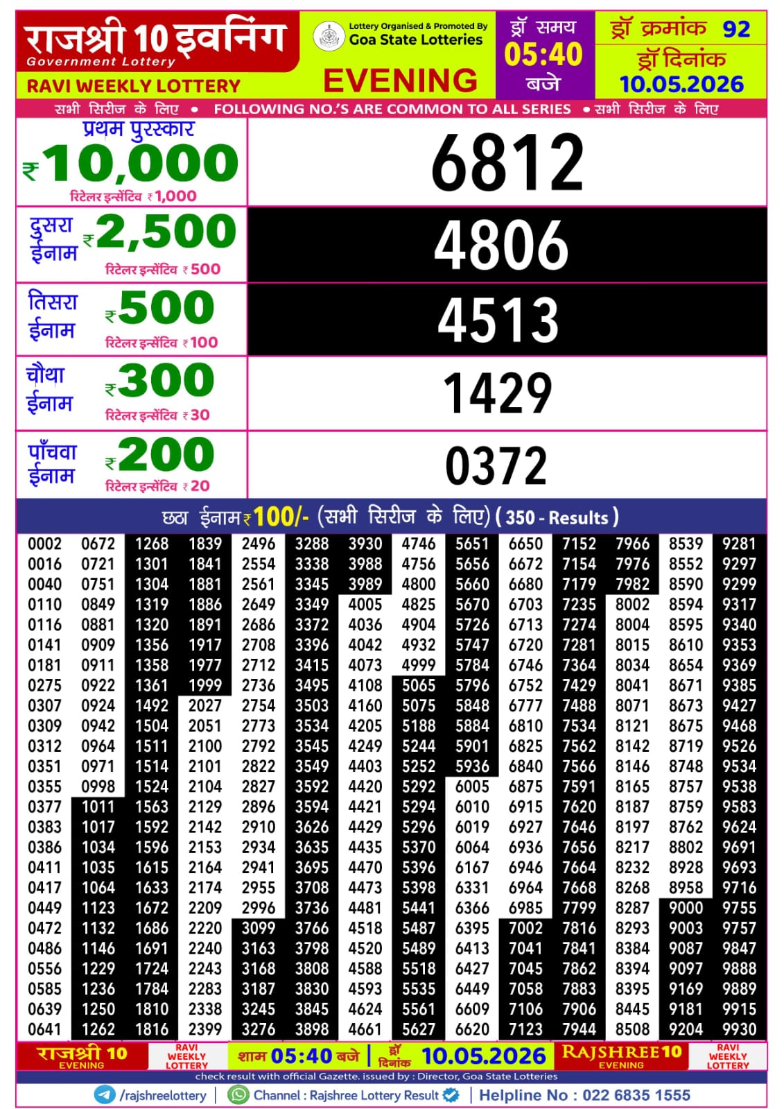 Rajshree Lottery Sambad 10-05-2026 Rajshree 5:40 PM