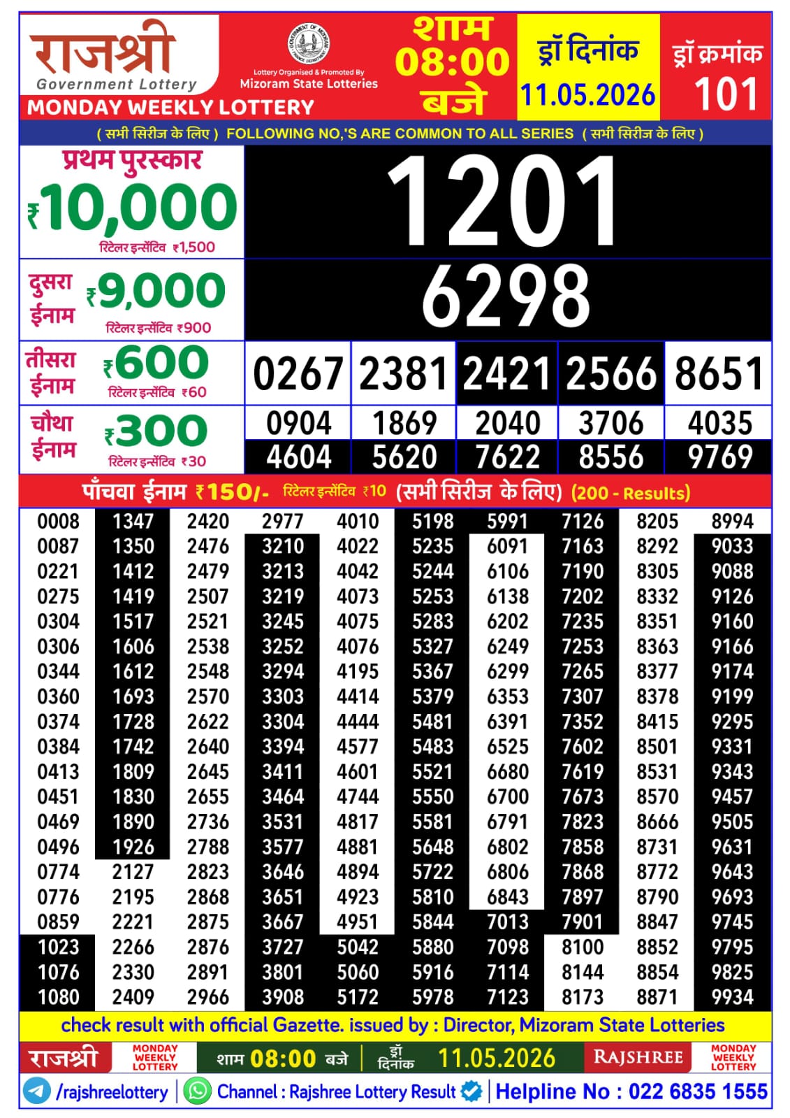 Rajshree Lottery Sambad 11-05-2026 Rajshree 8 PM