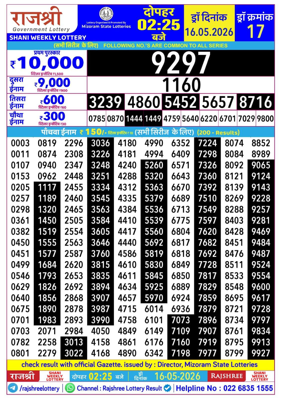 Rajshree Lottery Sambad 16-05-2026 Rajshree 2:25 PM