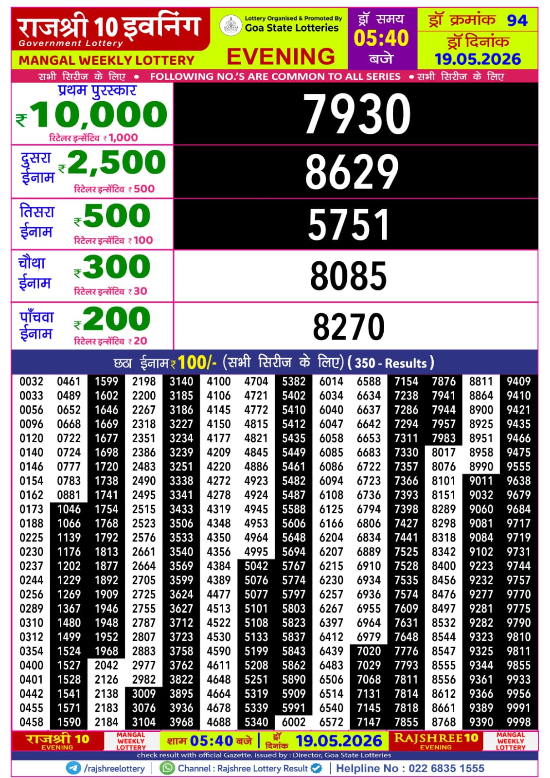 Rajshree Lottery Sambad 19-05-2026 Rajshree 5:40 PM