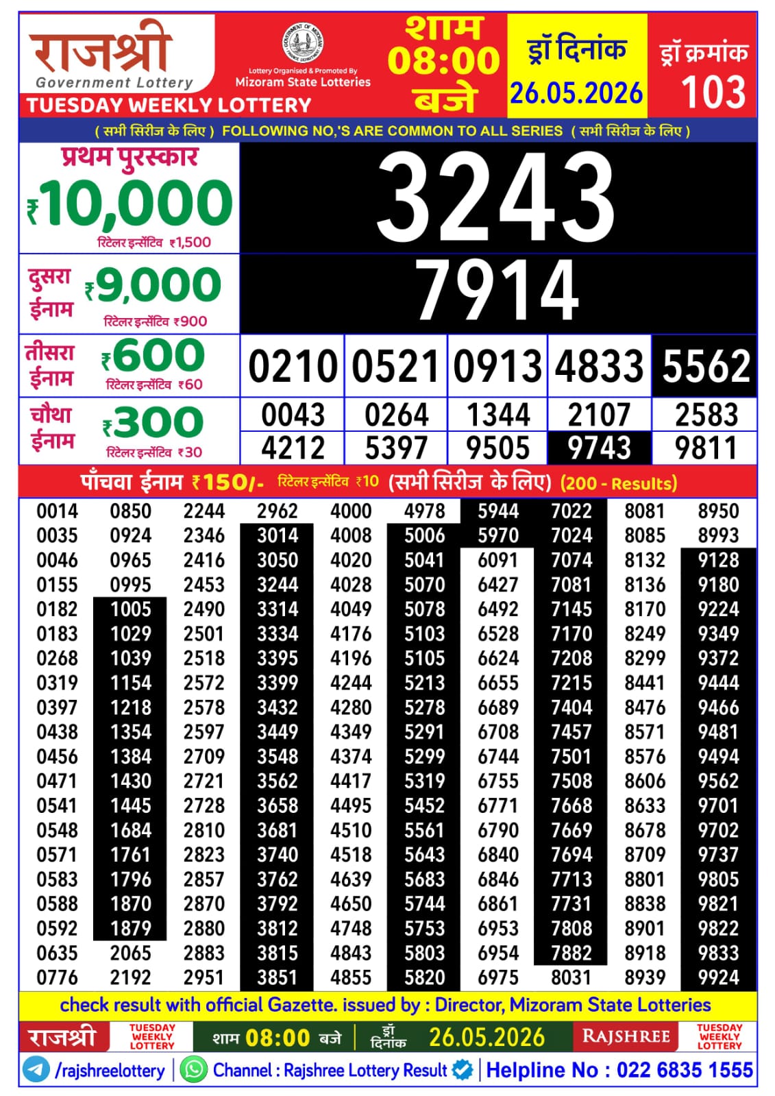 Rajshree Lottery Sambad 26-05-2026 Rajshree 8 PM