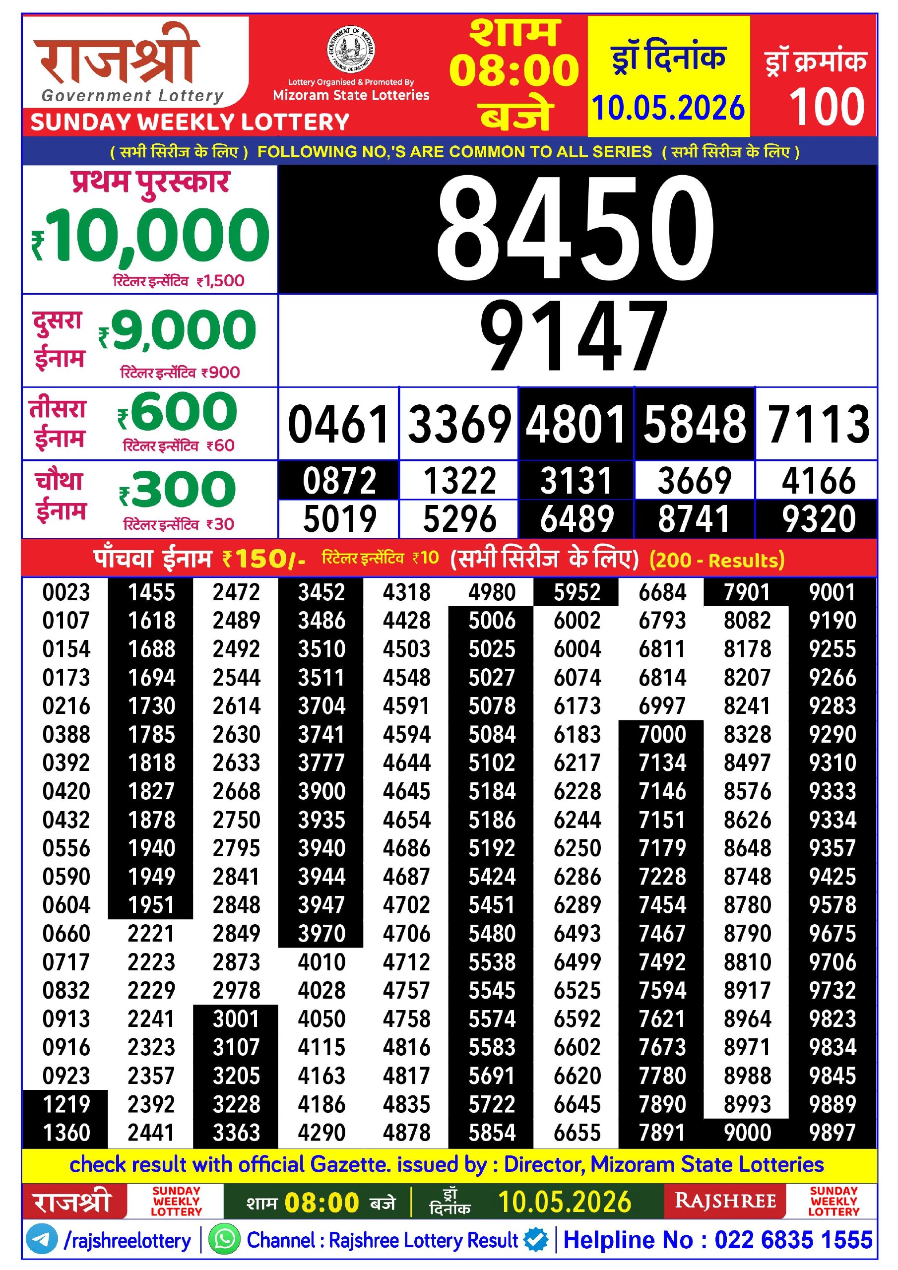 Rajshree Lottery Sambad 10-05-2026 Rajshree 8 PM