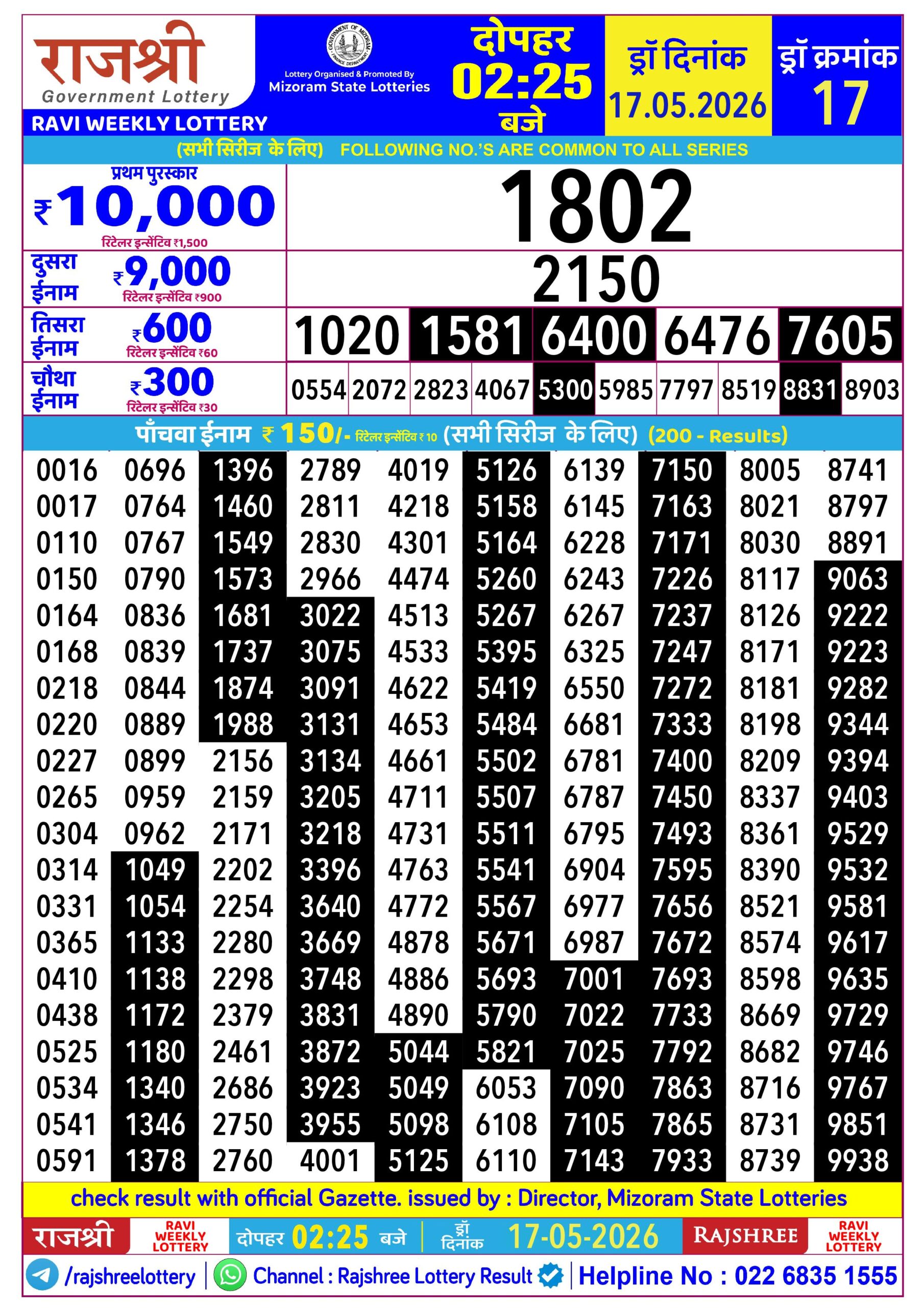 Rajshree Lottery Sambad 17-05-2026 Rajshree 2:25 PM