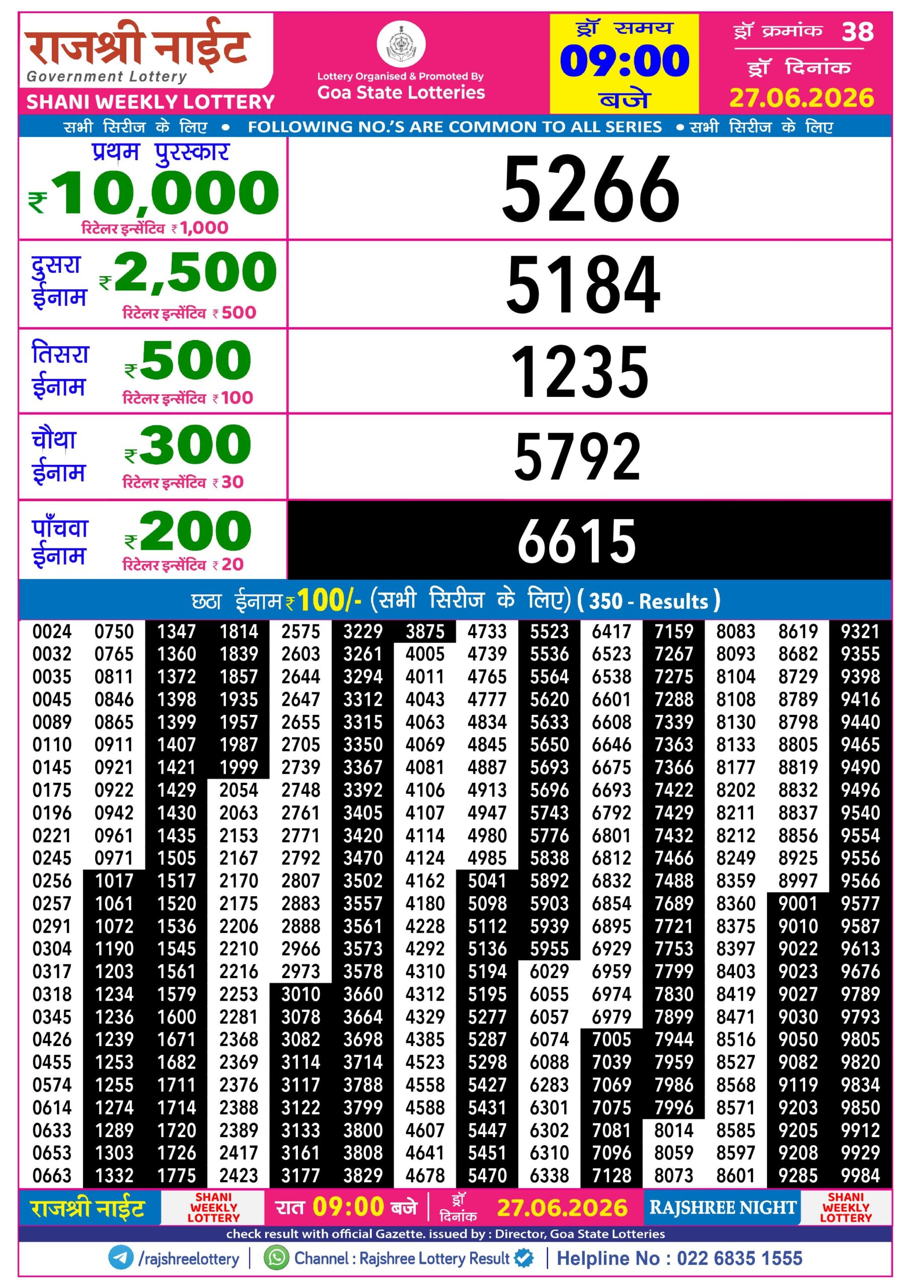 Rajshree Lottery Sambad 27-06-2026 Rajshree 9 PM