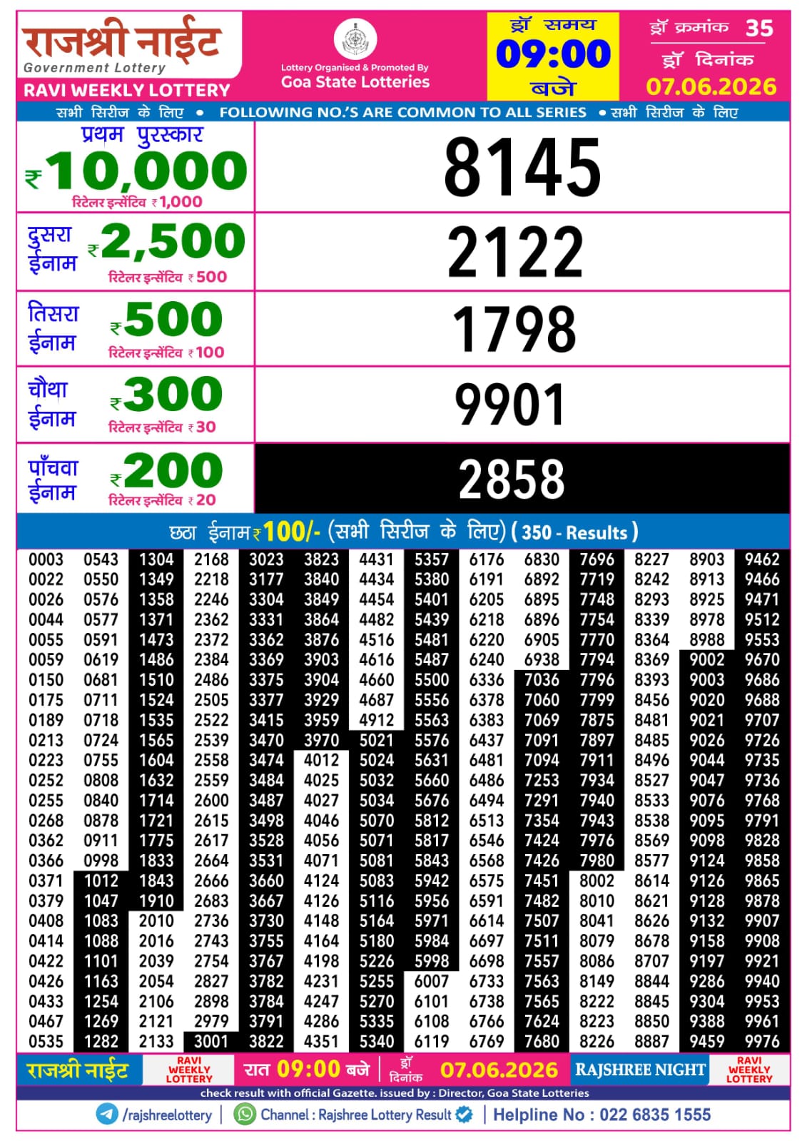 Rajshree Lottery Sambad 07-06-2026 Rajshree 9 PM