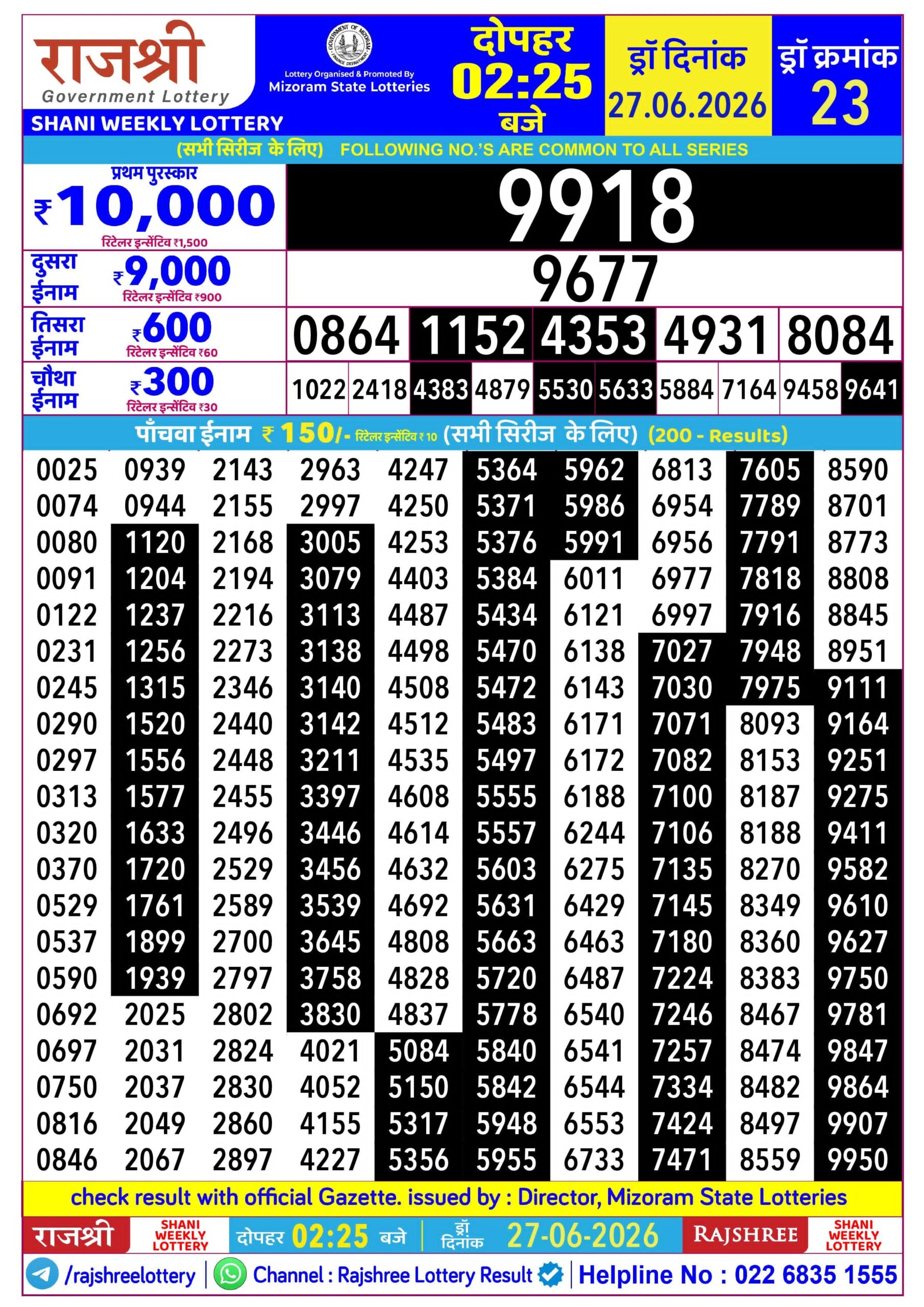 Rajshree Lottery Sambad 27-06-2026 Rajshree 2:25 PM