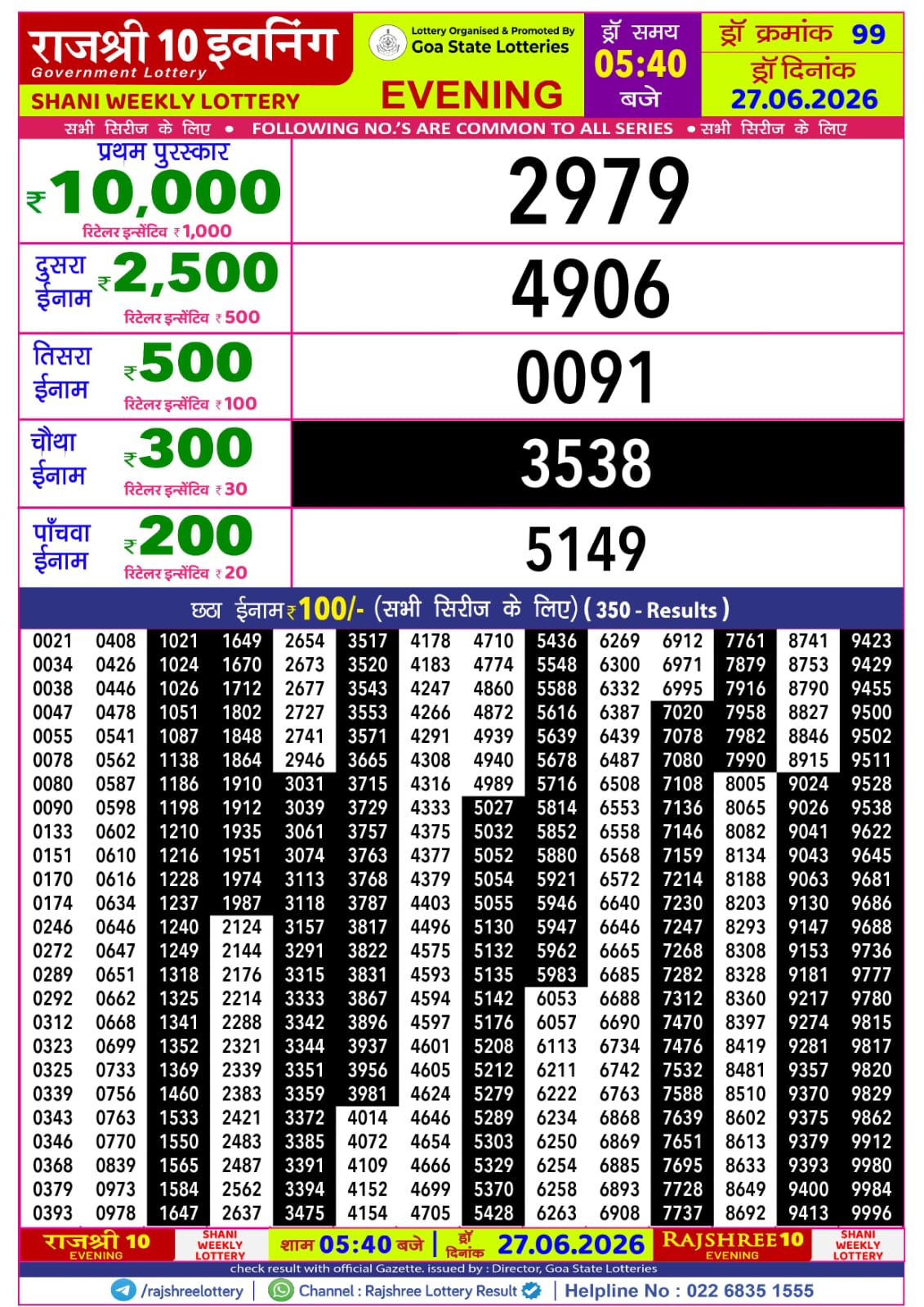 Rajshree Lottery Sambad 27-06-2026 Rajshree 5:40 PM