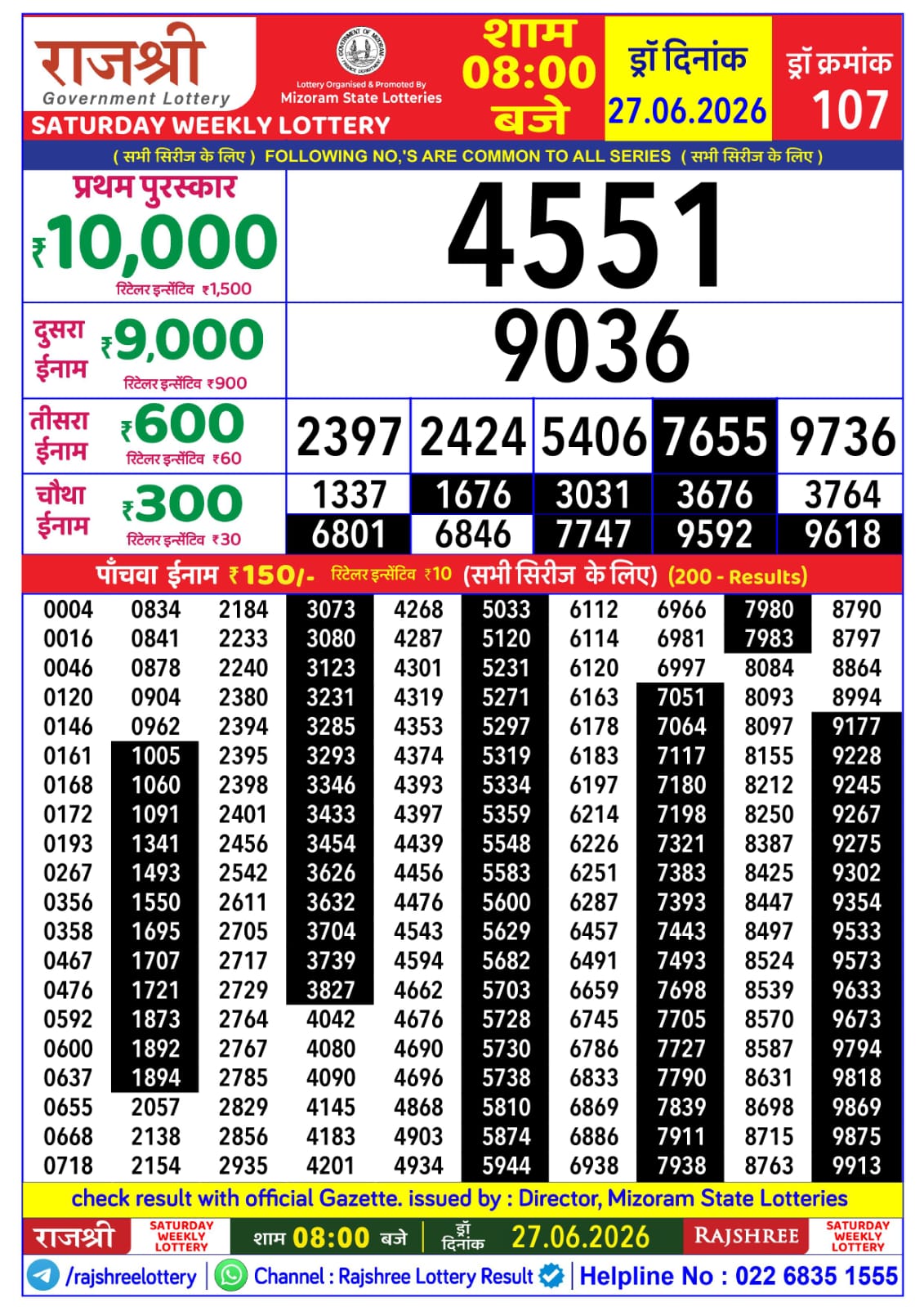 Rajshree Lottery Sambad 27-06-2026 Rajshree 8 PM