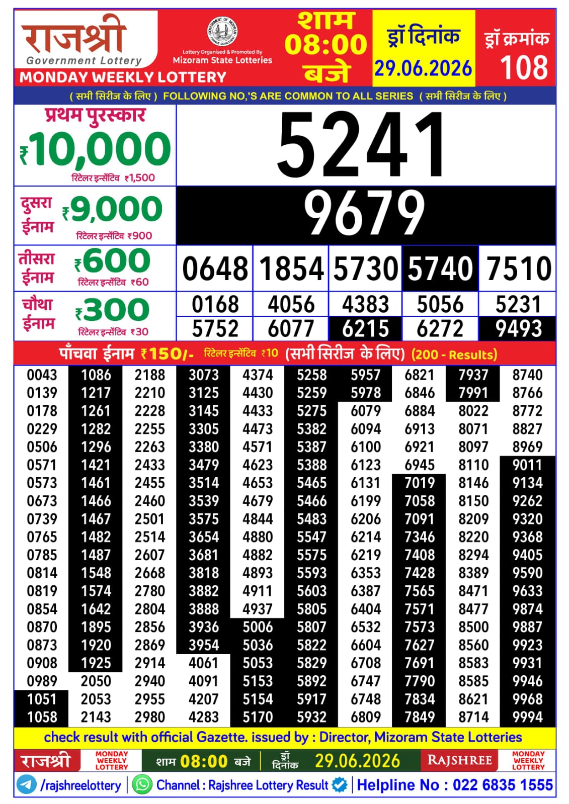 Rajshree Lottery Sambad 29-06-2026 Rajshree 8 PM