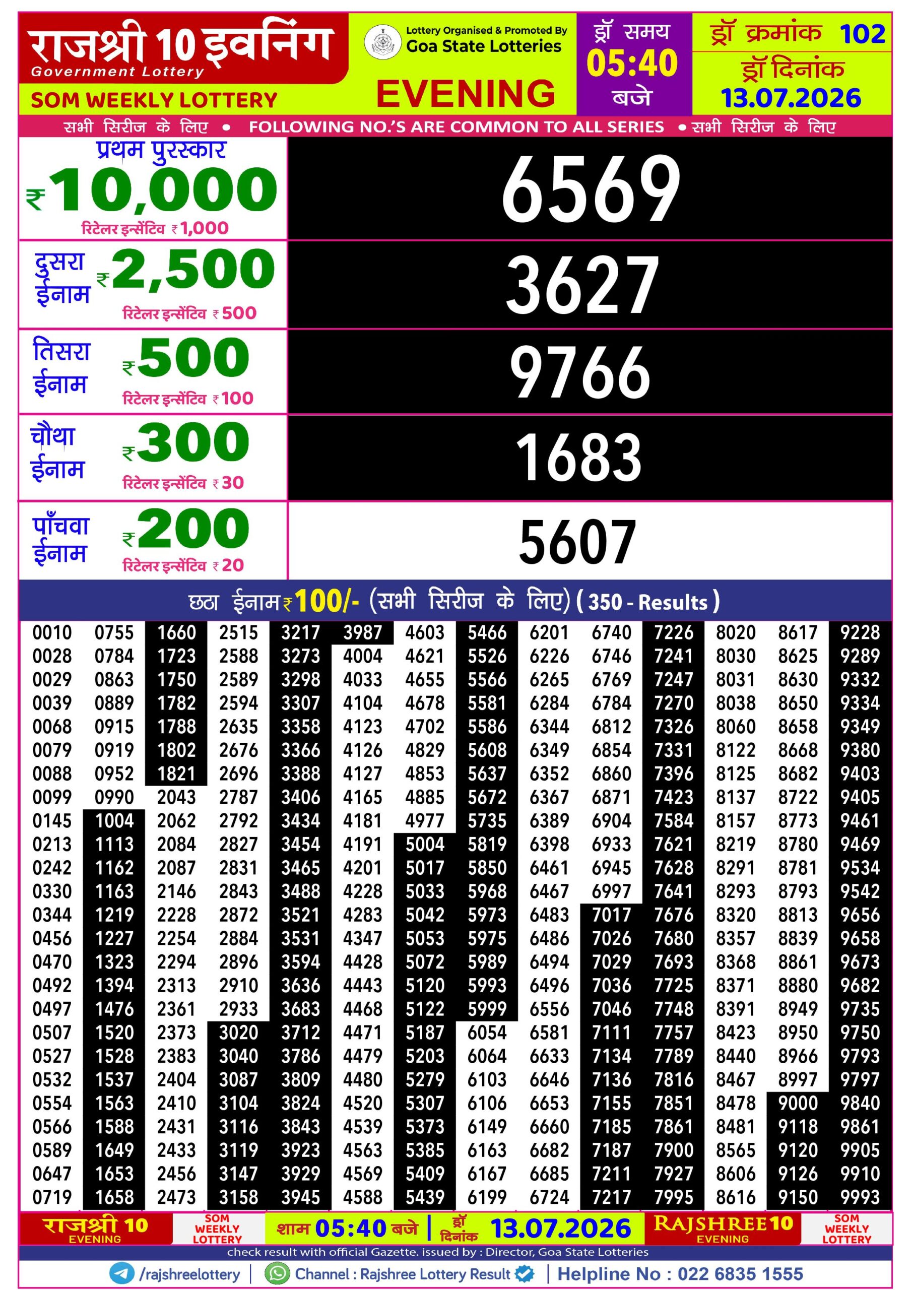 Rajshree Lottery Sambad 13-07-2026 Rajshree 5:40 PM