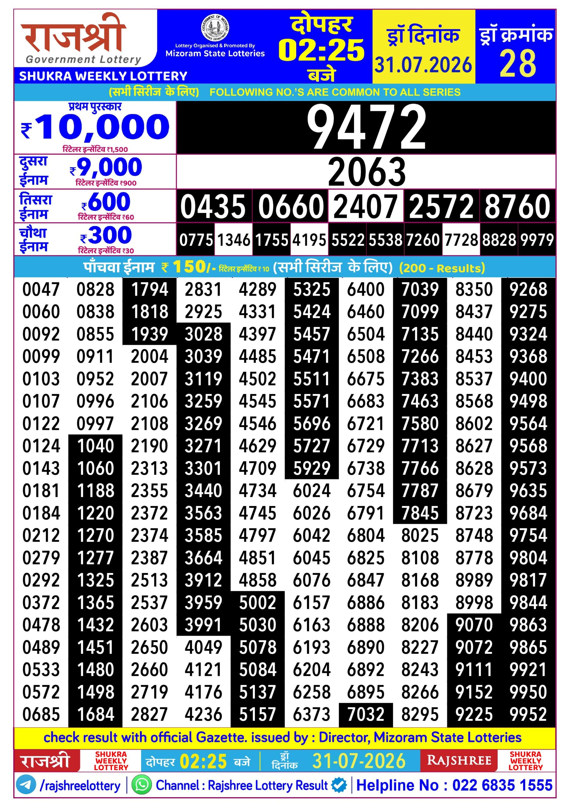 Rajshree Lottery Sambad 31-07-2026 Rajshree 2:25 PM