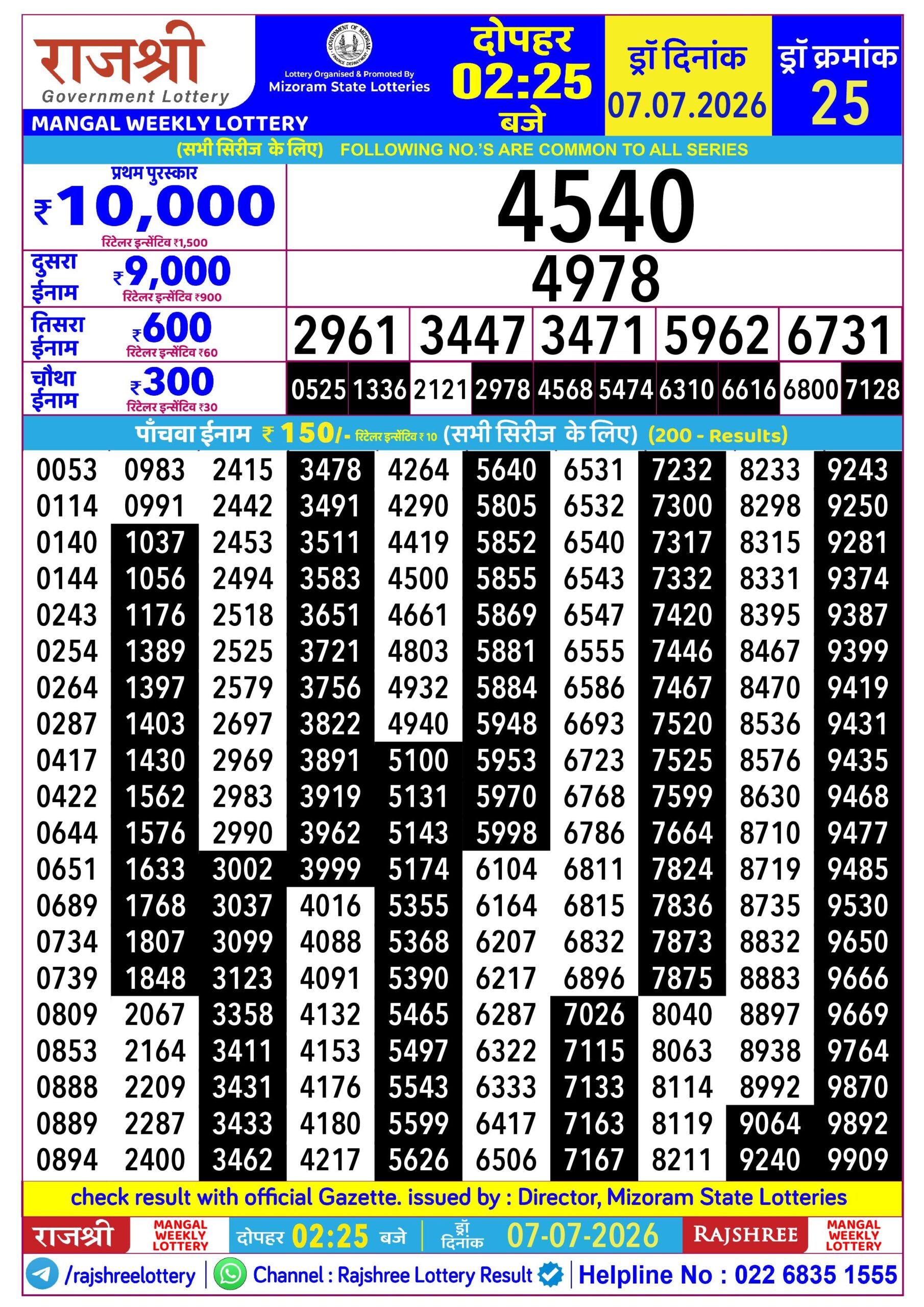 Rajshree Lottery Sambad 07-07-2026 Rajshree 2:25 PM