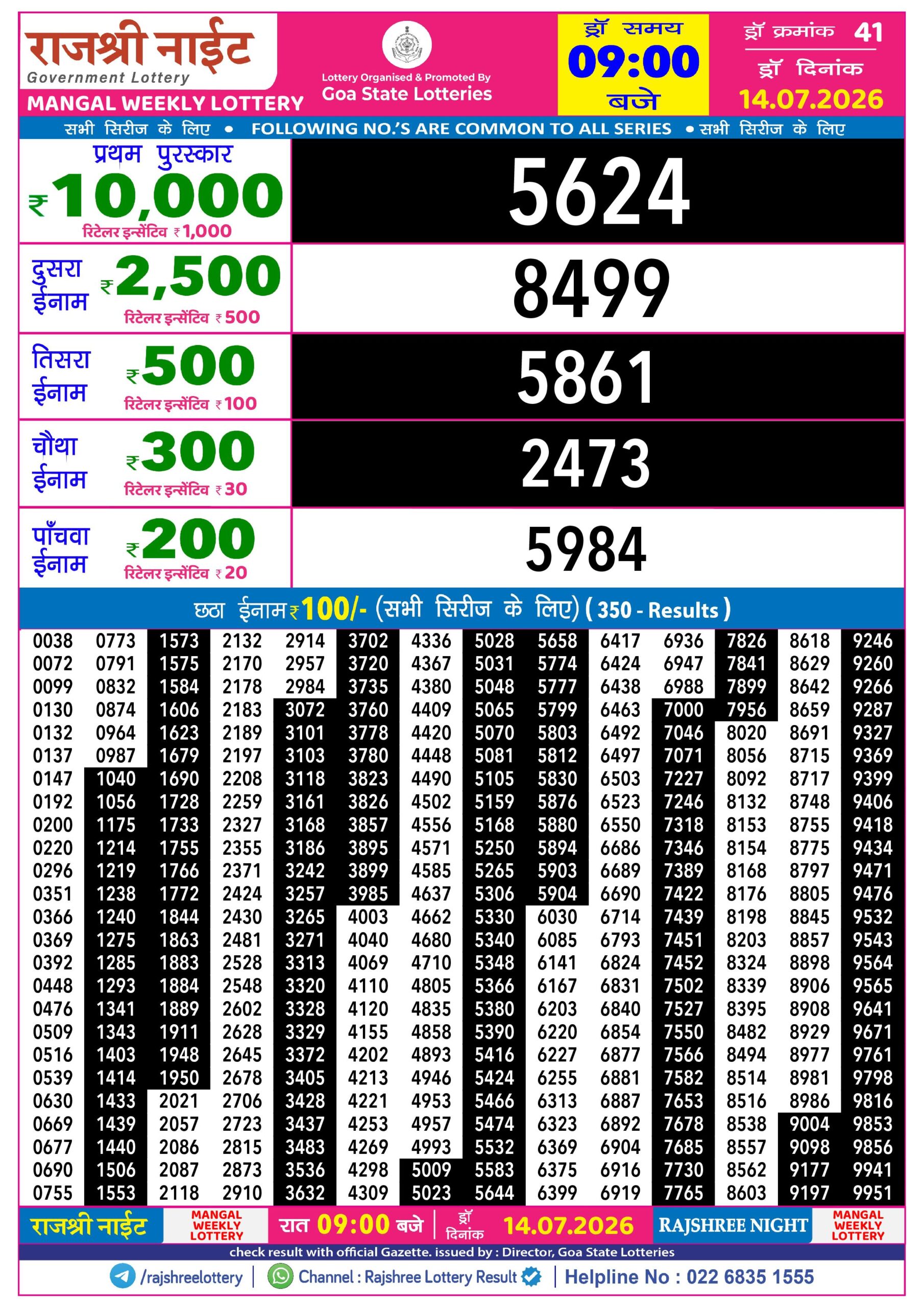 Rajshree Lottery Sambad 14-07-2026 Rajshree 9 PM