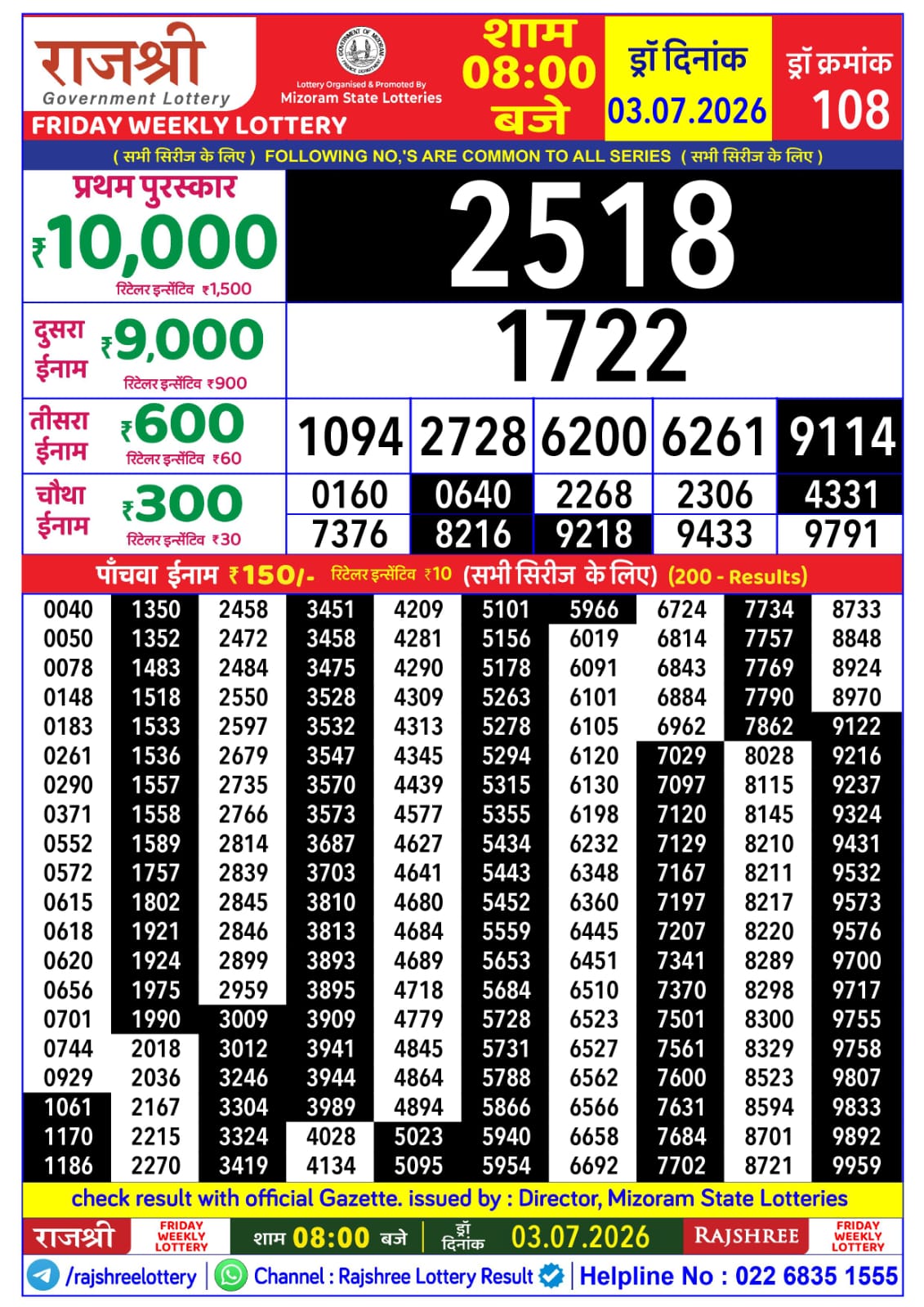 Rajshree Lottery Sambad 03-07-2026 Rajshree 8 PM