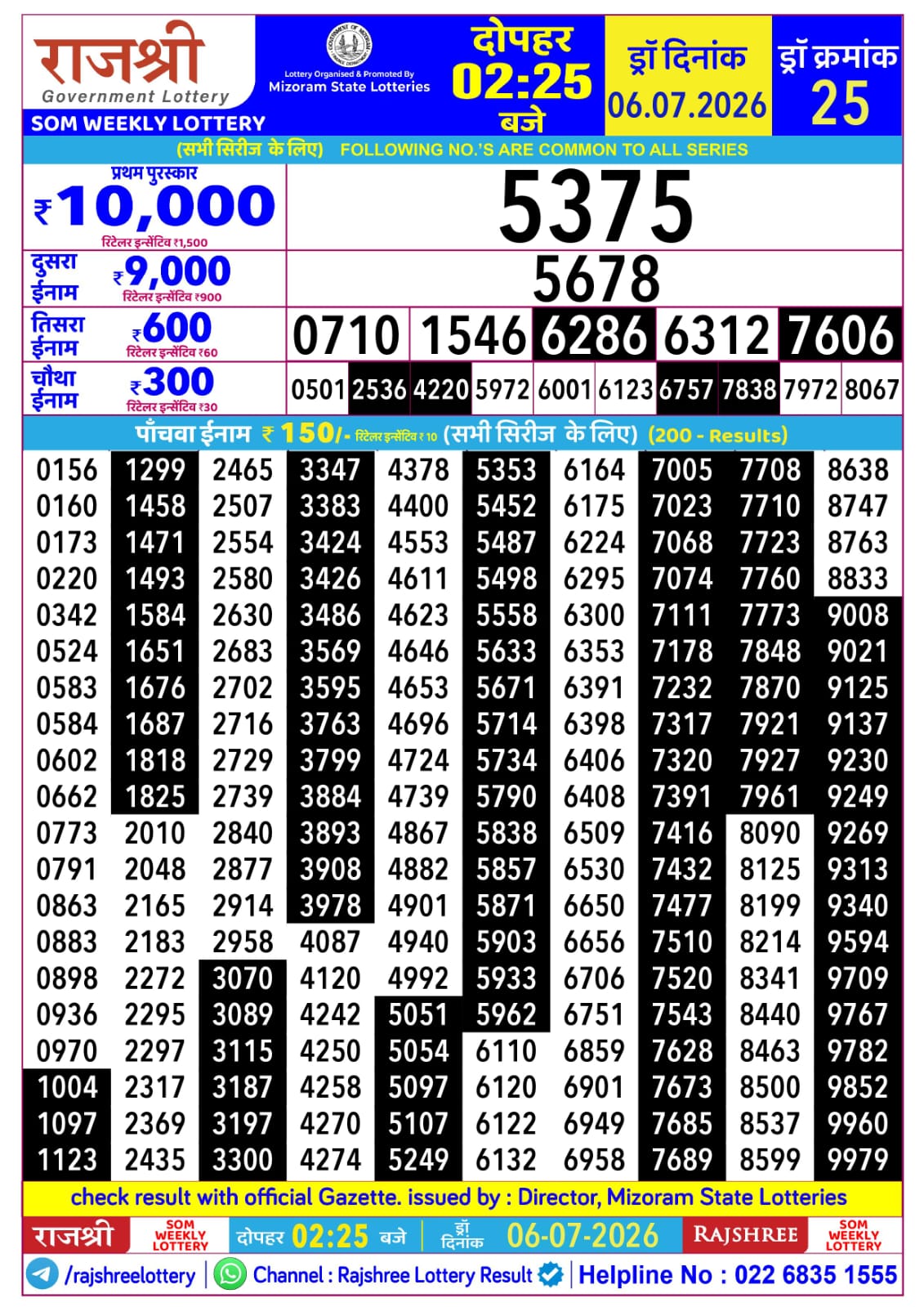 Rajshree Lottery Sambad 06-07-2026 Rajshree 2:25 PM