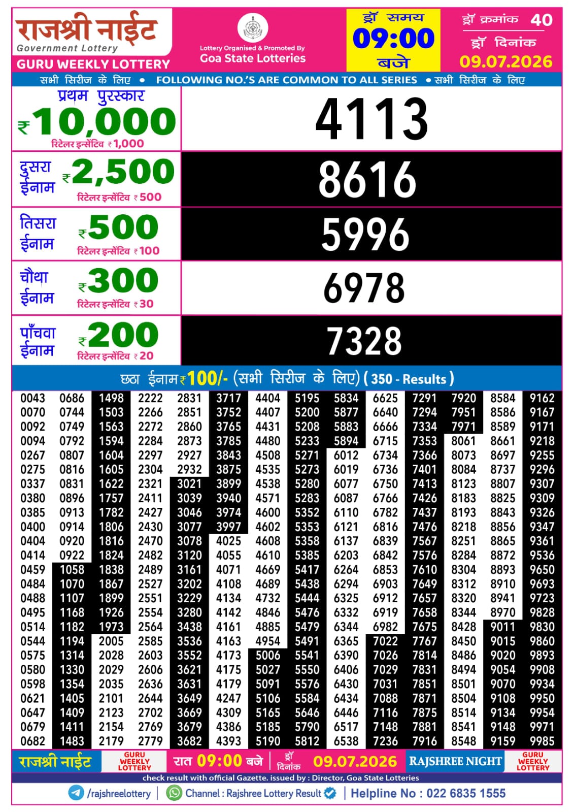 Rajshree Lottery Sambad 09-07-2026 Rajshree 9 PM
