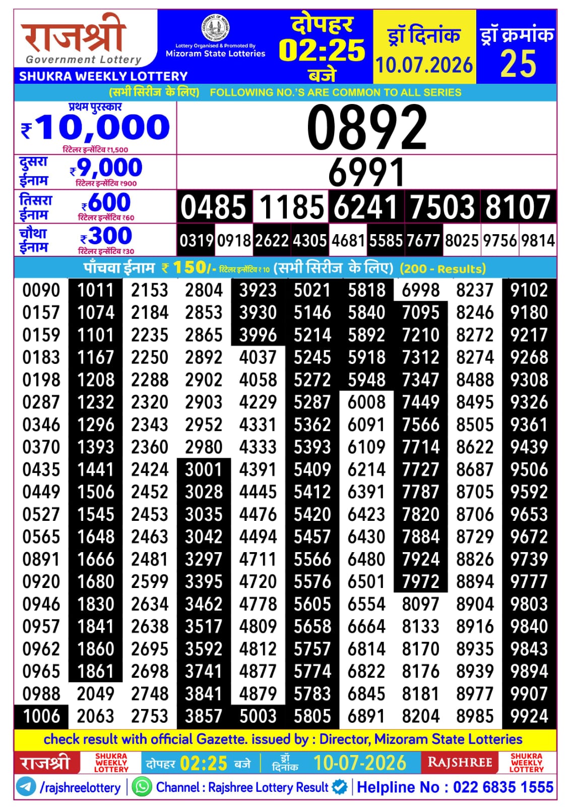 Rajshree Lottery Sambad 10-07-2026 Rajshree 2:25 PM