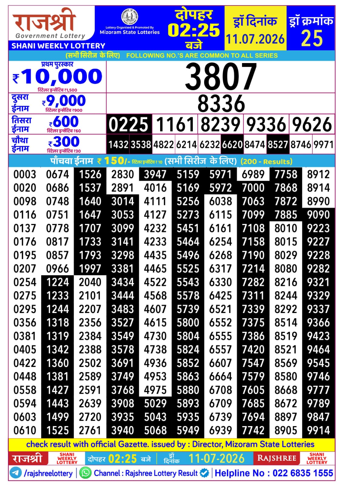 Rajshree Lottery Sambad 11-07-2026 Rajshree 2:25 PM