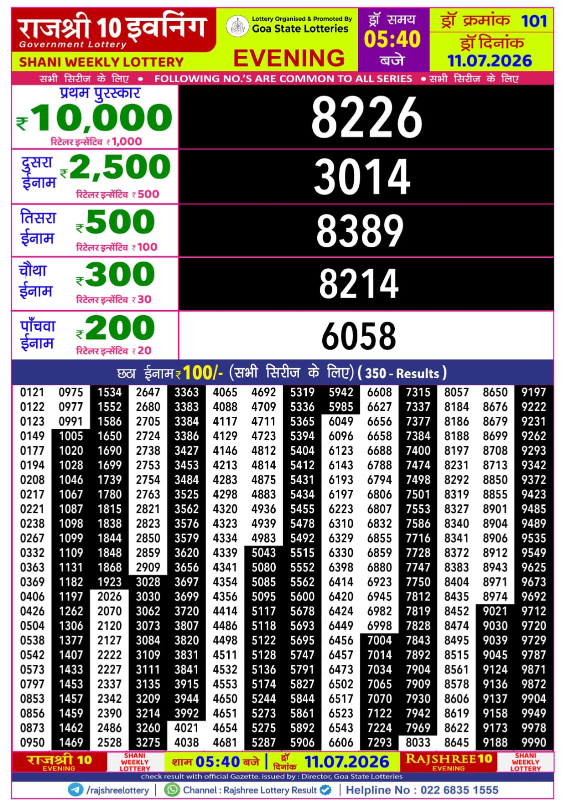 Rajshree Lottery Sambad 11-07-2026 Rajshree 5:40 PM