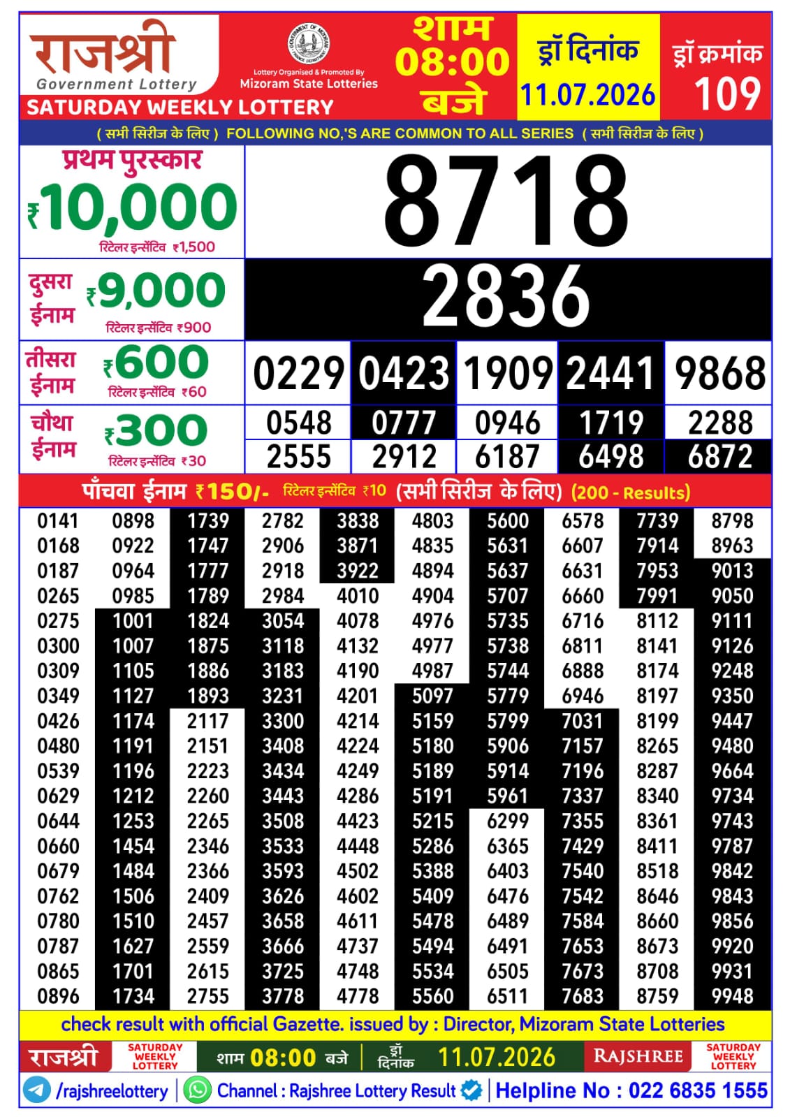 Rajshree Lottery Sambad 11-07-2026 Rajshree 8 PM