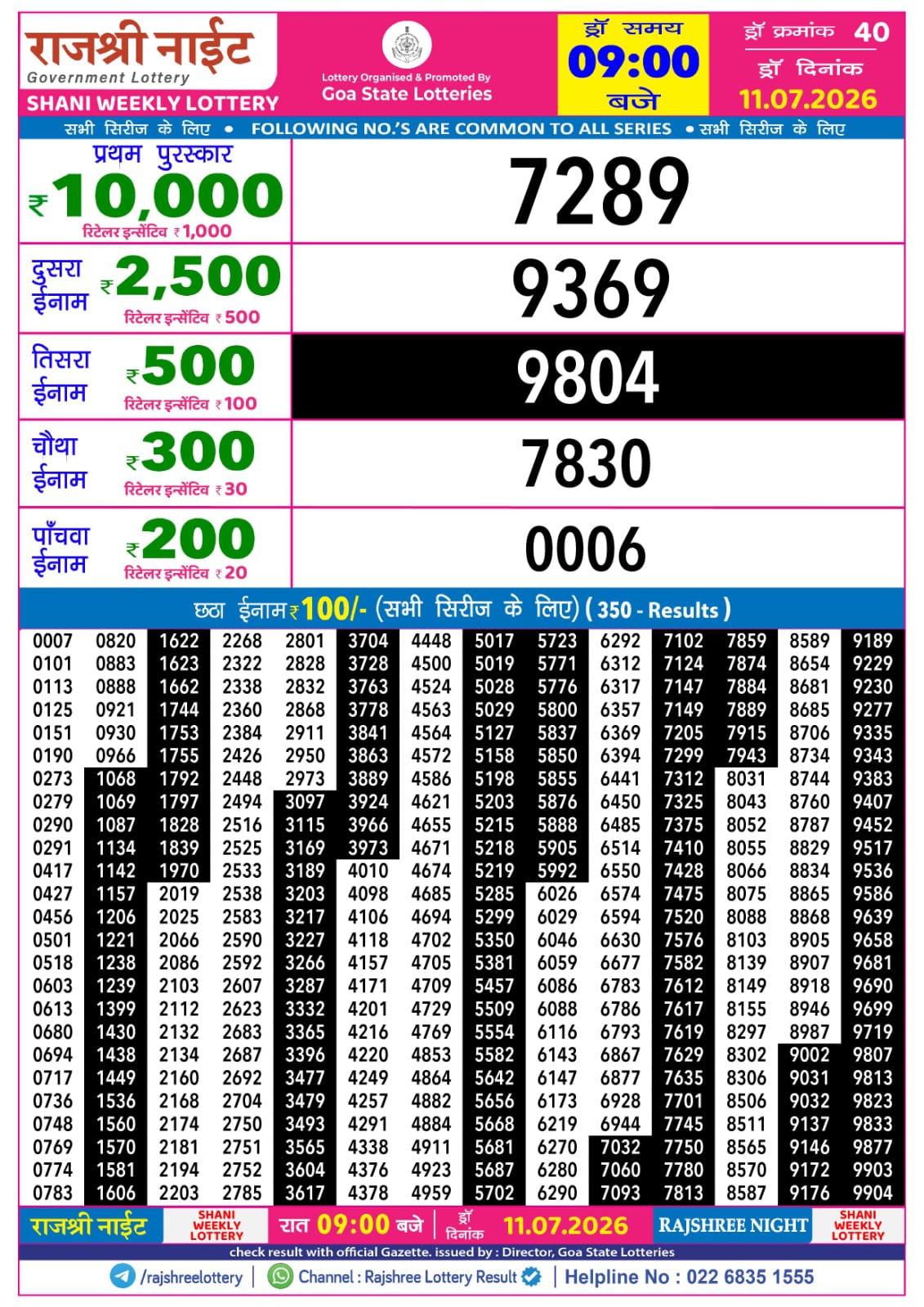 Rajshree Lottery Sambad 11-07-2026 Rajshree 9 PM