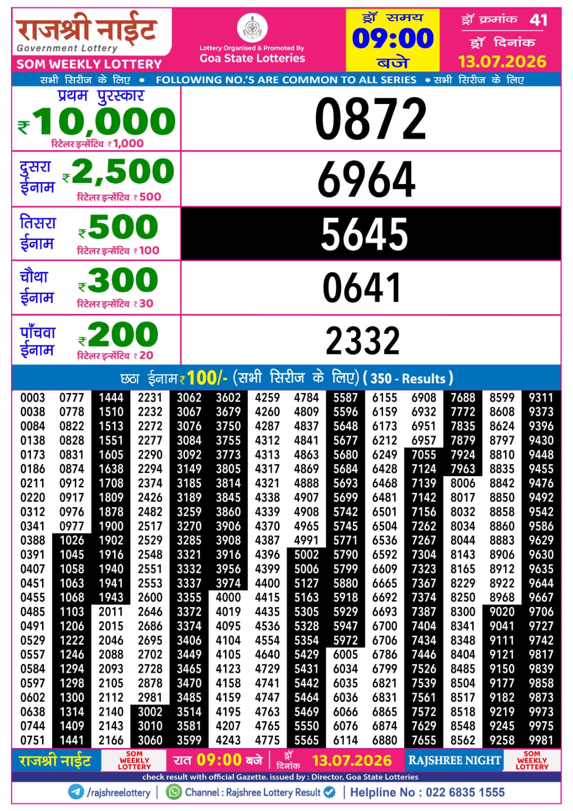 Rajshree Lottery Sambad 13-07-2026 Rajshree 9 PM