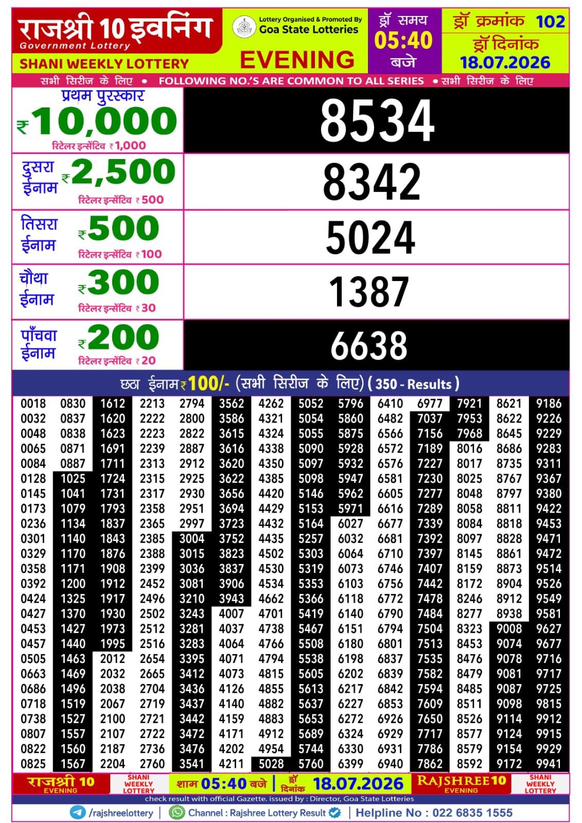 Rajshree Lottery Sambad 18-07-2026 Rajshree 5:40 PM