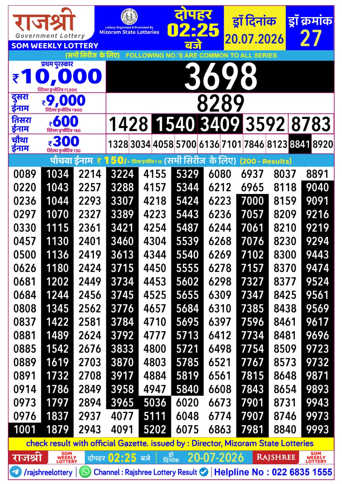 Rajshree Lottery Sambad 20-07-2026 Rajshree 2:25 PM