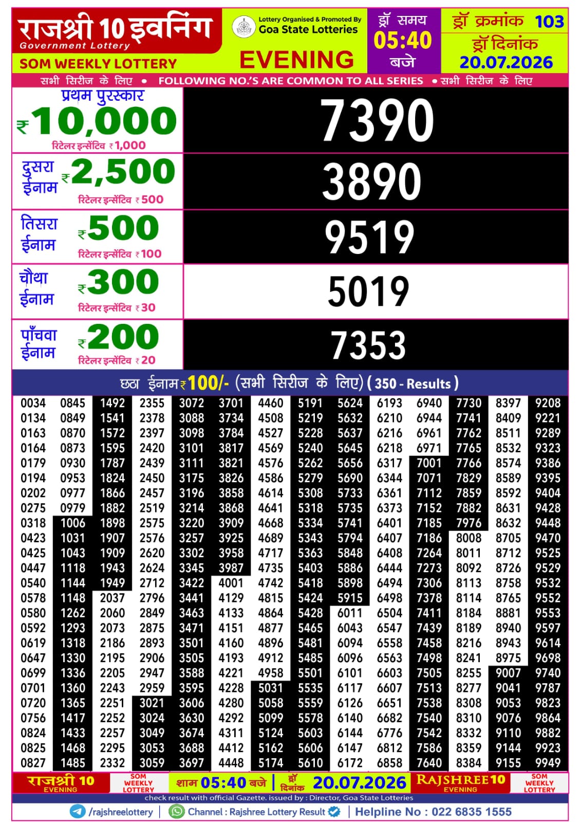 Rajshree Lottery Sambad 20-07-2026 Rajshree 5:40 PM