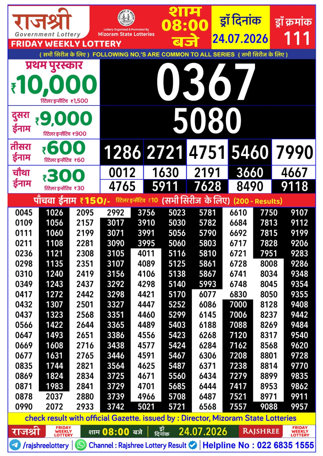 Rajshree Lottery Sambad 24-07-2026 Rajshree 8 PM