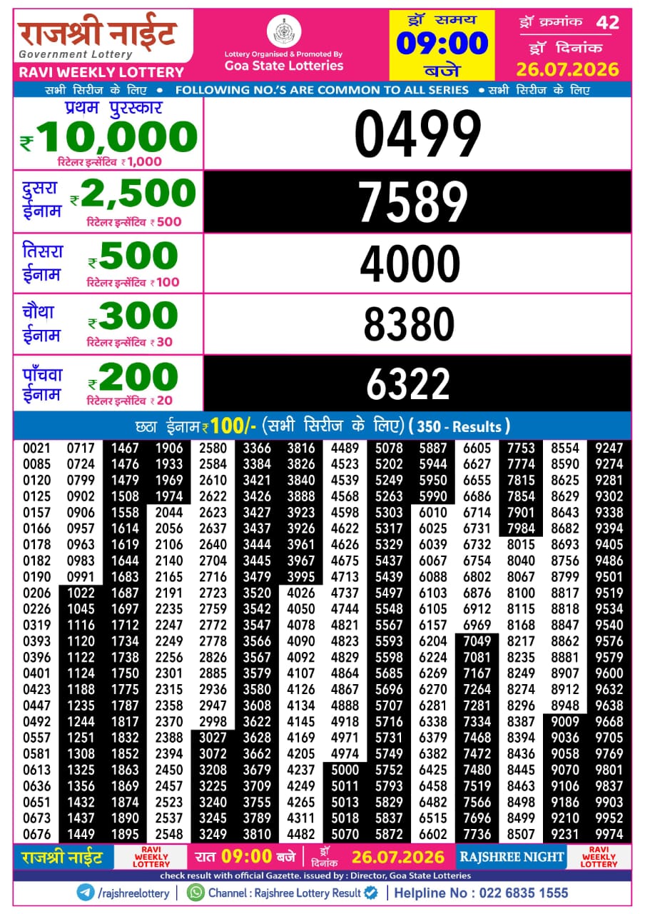 Rajshree Lottery Sambad 26-07-2026 Rajshree 9 PM