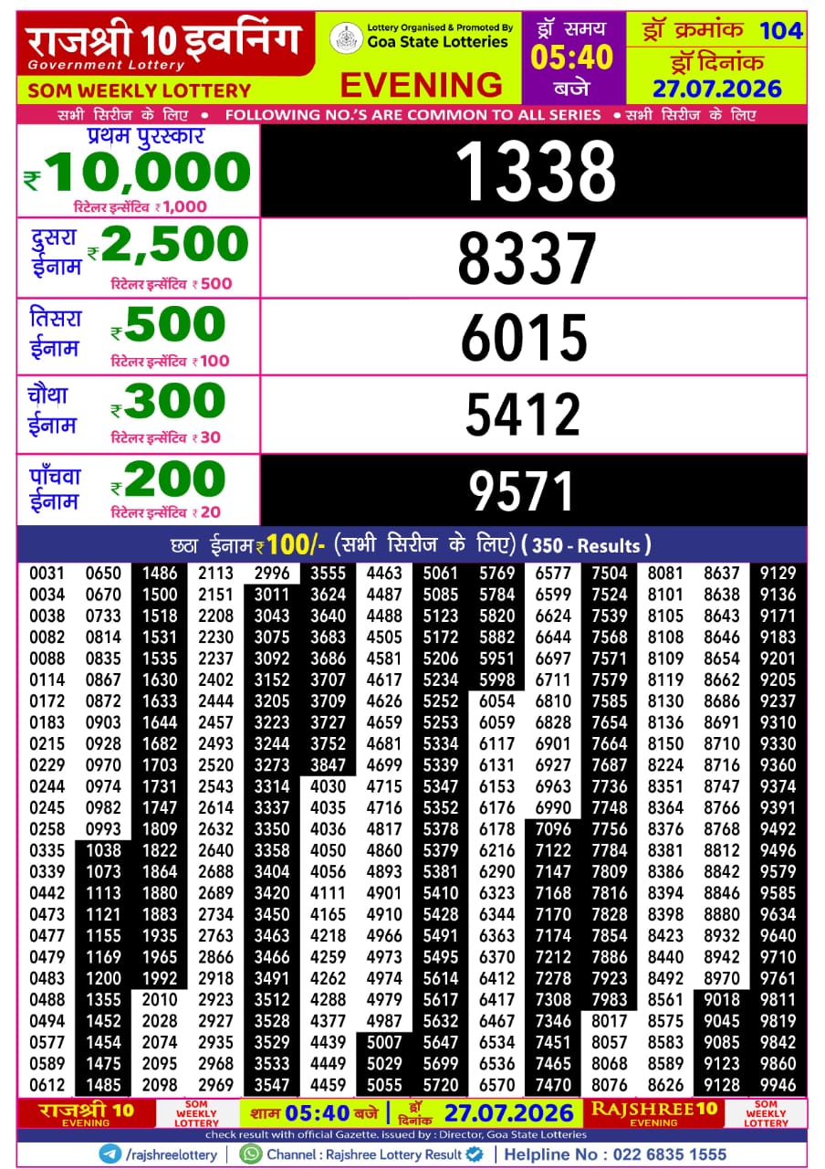 Rajshree Lottery Sambad 27-07-2026 Rajshree 5:40 PM