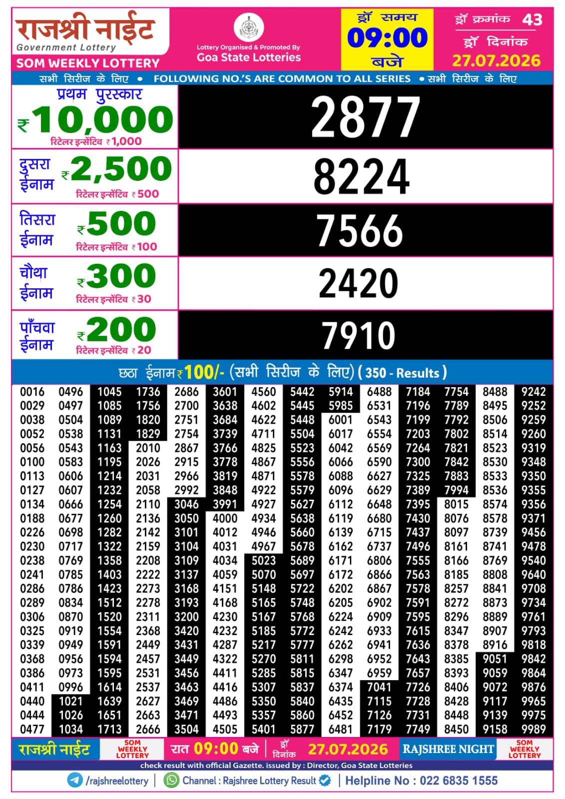 Rajshree Lottery Sambad 27-07-2026 Rajshree 9 PM