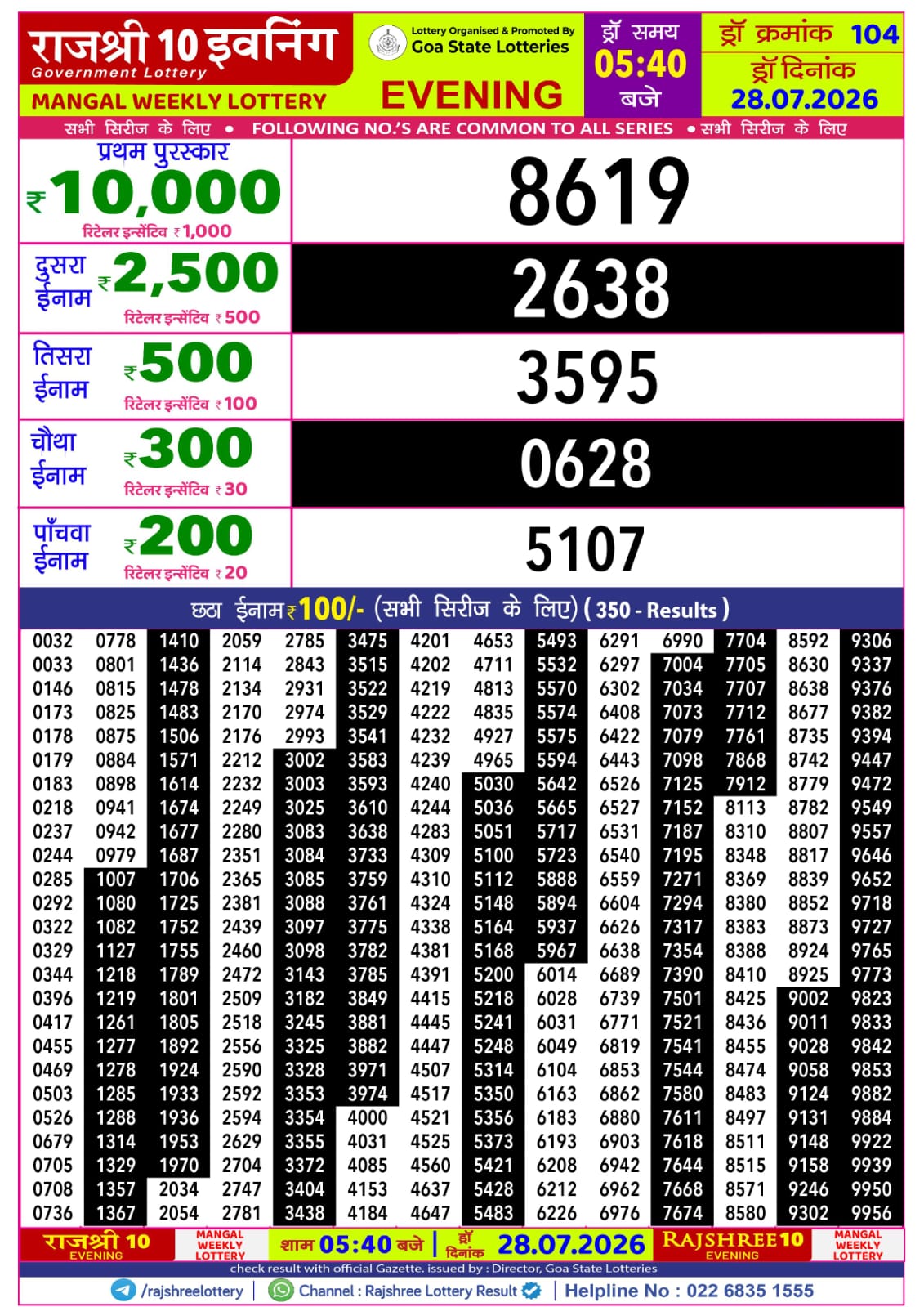 Rajshree Lottery Sambad 28-07-2026 Rajshree 5:40 PM