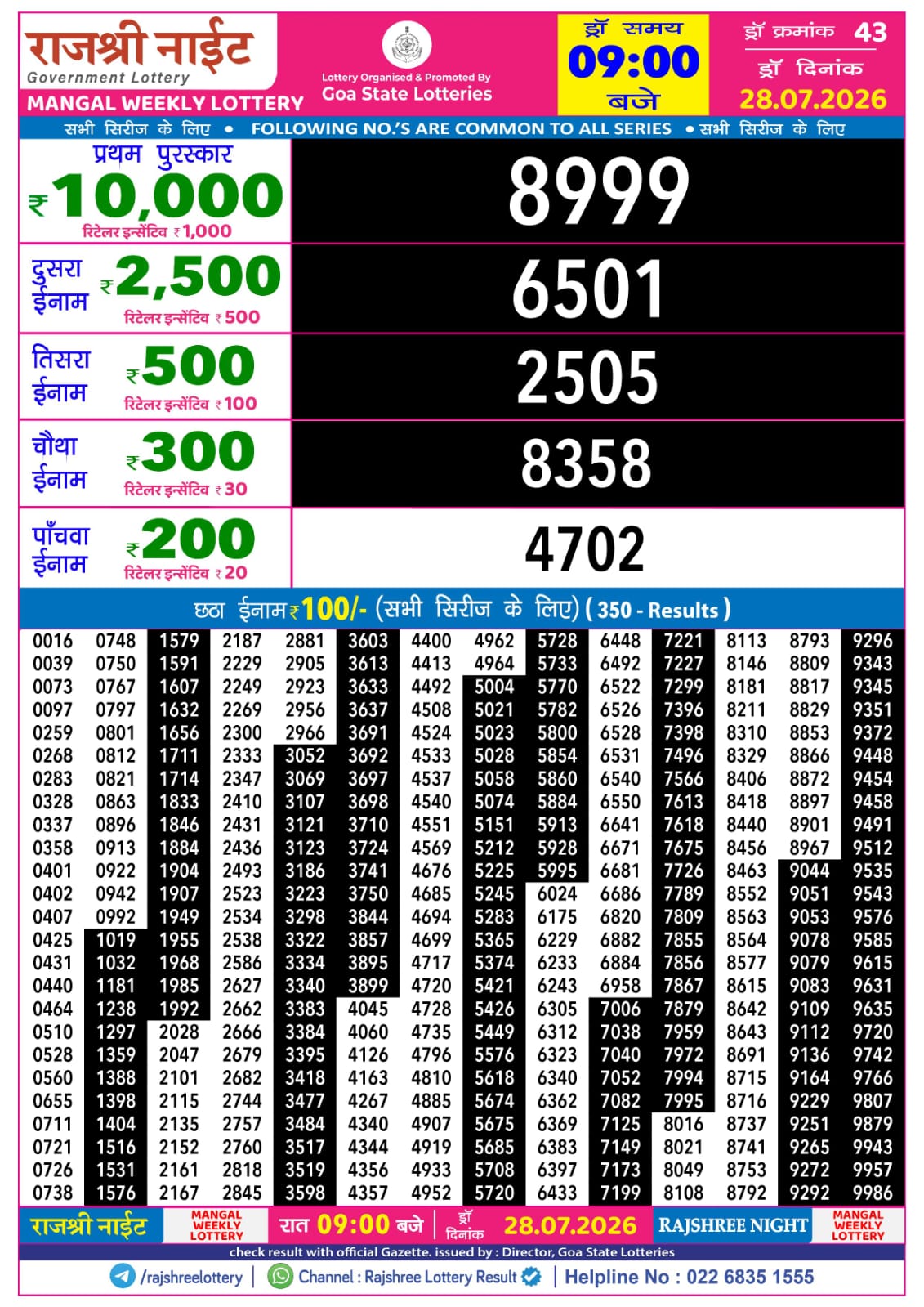 Rajshree Lottery Sambad 28-07-2026 Rajshree 9 PM